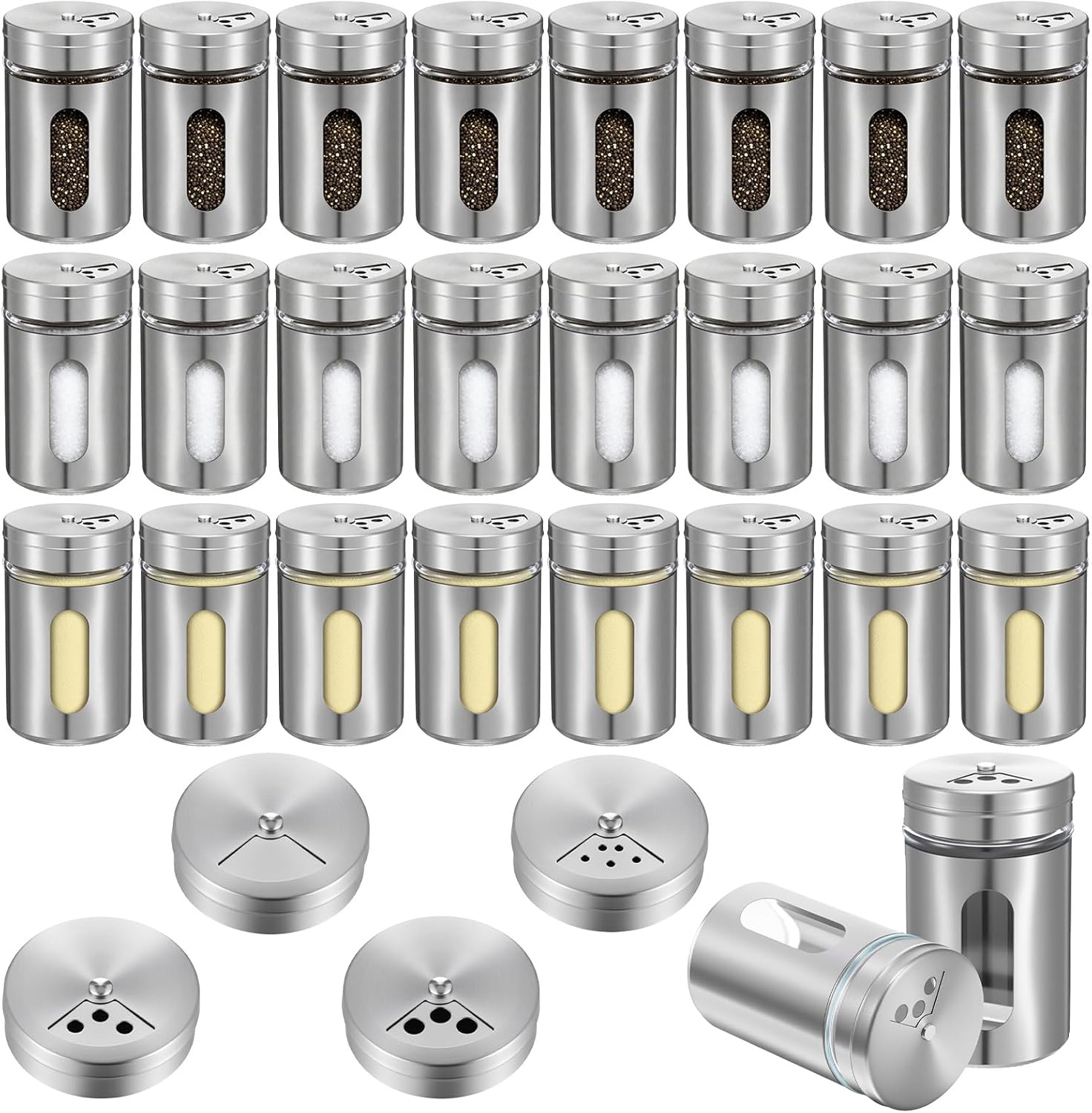 24 Pcs Stainless Steel Spice Jars with Shaker Lids, Seasoning Jars with Adjustable Pour Holes and Glass Window, Empty Spice Bottles for Kitchen Salt Pepper Sugar Seasonings (3.4oz)
