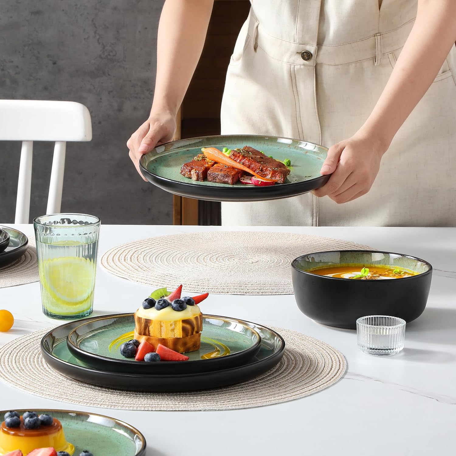 vancasso Plates and Bowls Sets, 24 Pieces Stoneware Dinnerware Sets for 8, Kitchen Dish Set Mircowave and Dishwasher Safe Ceramic Dishware, Turf Green, Series AMBER - Image 6