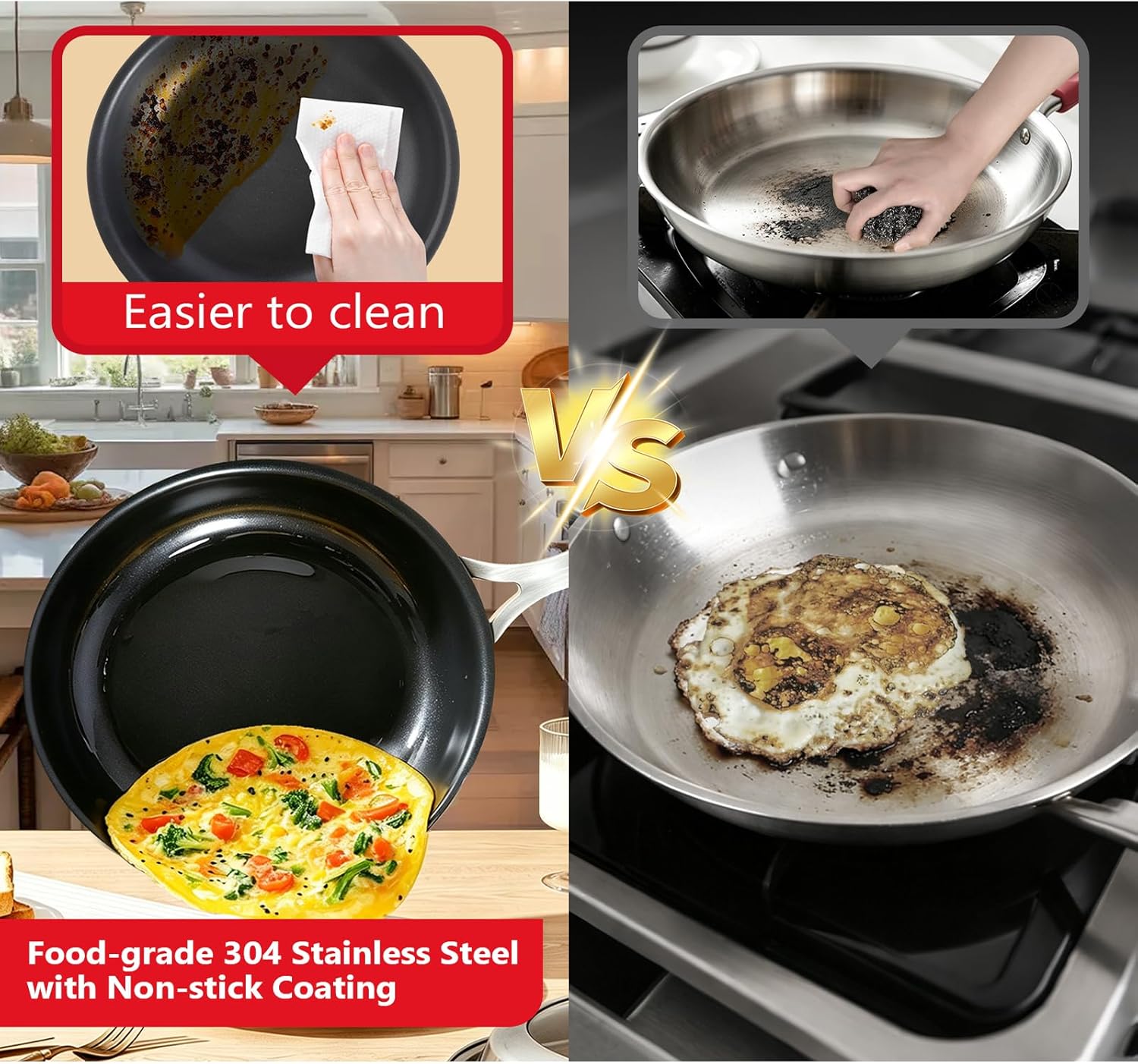 10 Inch Nonstick Frying Pan, Tri-Ply Clad Stainless Steel Skillet with Reinforced Coating, Detachable Handle with Sleeve, Dishwasher & Oven Safe, Induction Compatible, PFOA-Free Fajita Pans - Image 2