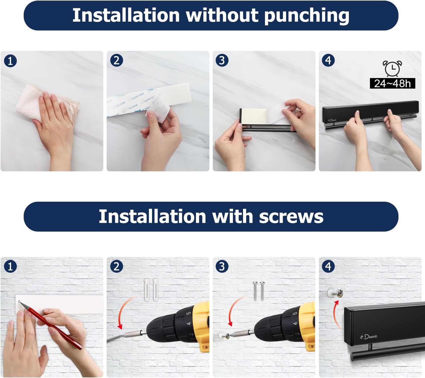 Dmore magnetic knife holder for wall—with 10 hooks, No Drilling 17 Inch black knife magnetic strip, Extra Strong Magnet knife rack, include Adhesive Tape and screws for Knives and Tools - Image 5