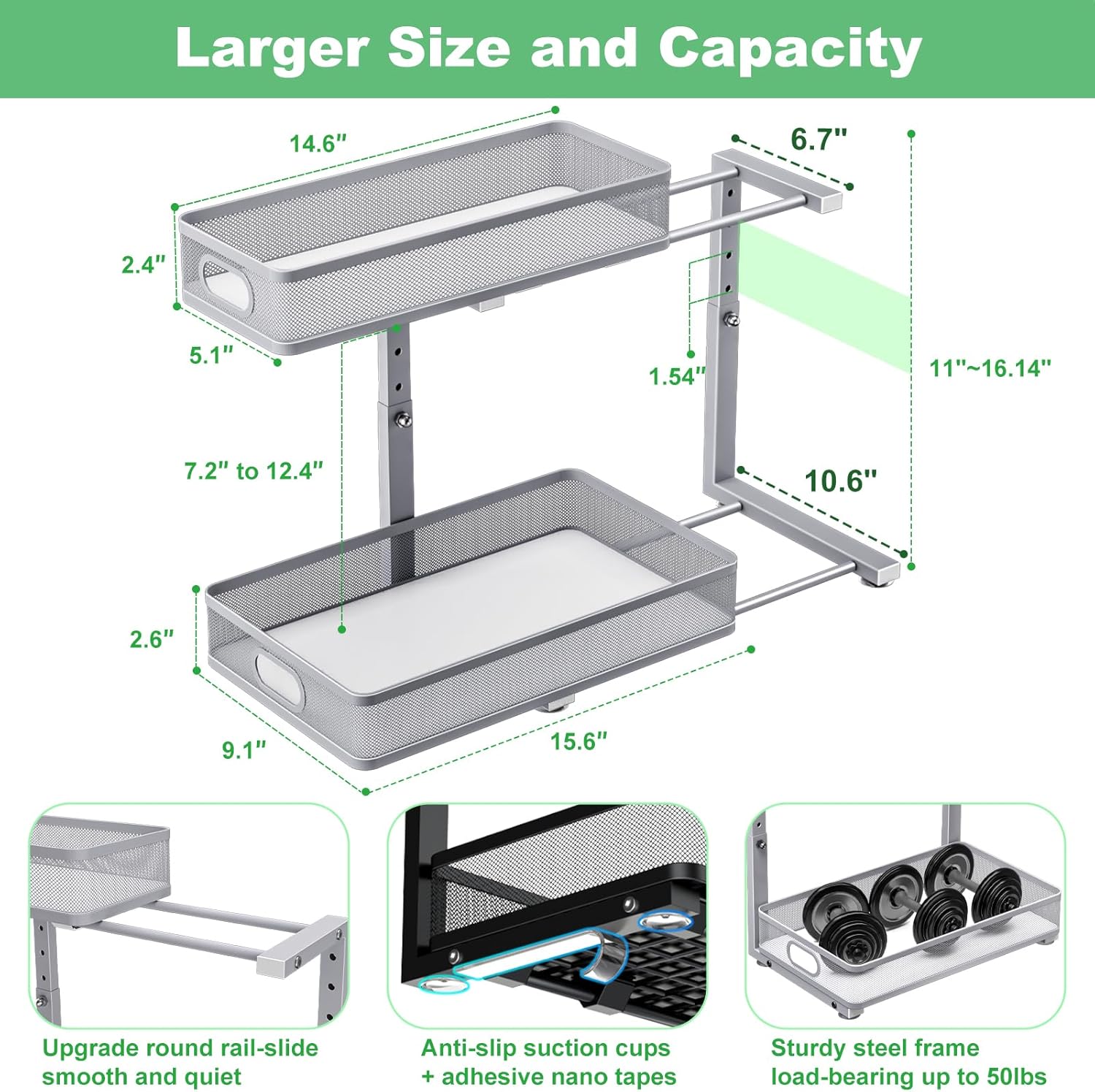Under Sink Organizer 2 Pack, High Adjustable 2 Tier Under Sink Organizers and Storage, Slide out Metal Cabinet Organizers, Pull out Storage Drawer Shelf for Kitchen Bathroom Cabinet (Gray) - Image 4