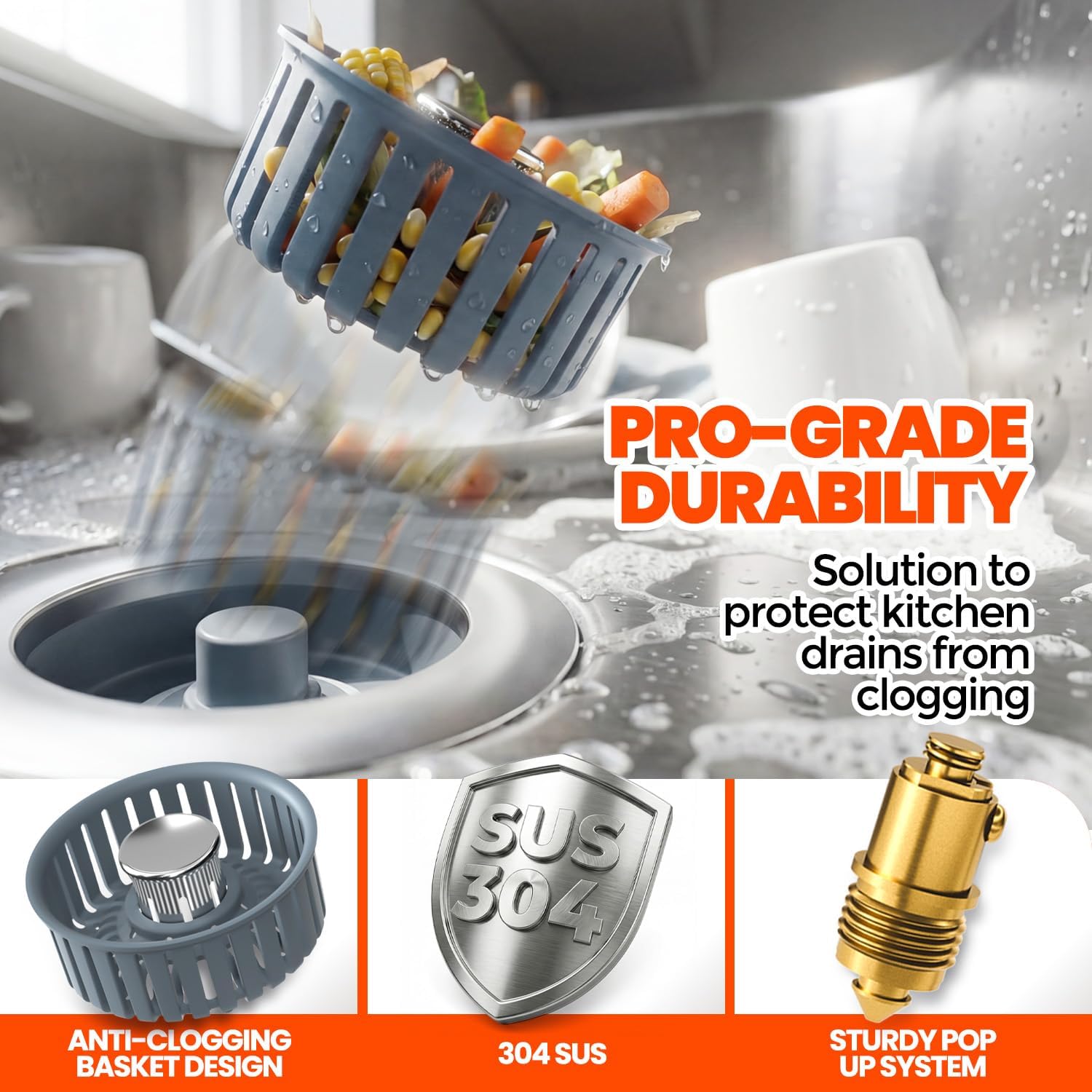 2 Pack Sink Drain Strainer - Sink Stopper, 3 in 1 Stainless Steel Kitchen Drain Plug with Deep Anti-Clog Basket and Odor-Blocking Seal, Pop-Up Design Fits Standard 3-1/2 Inch Sink - Image 3
