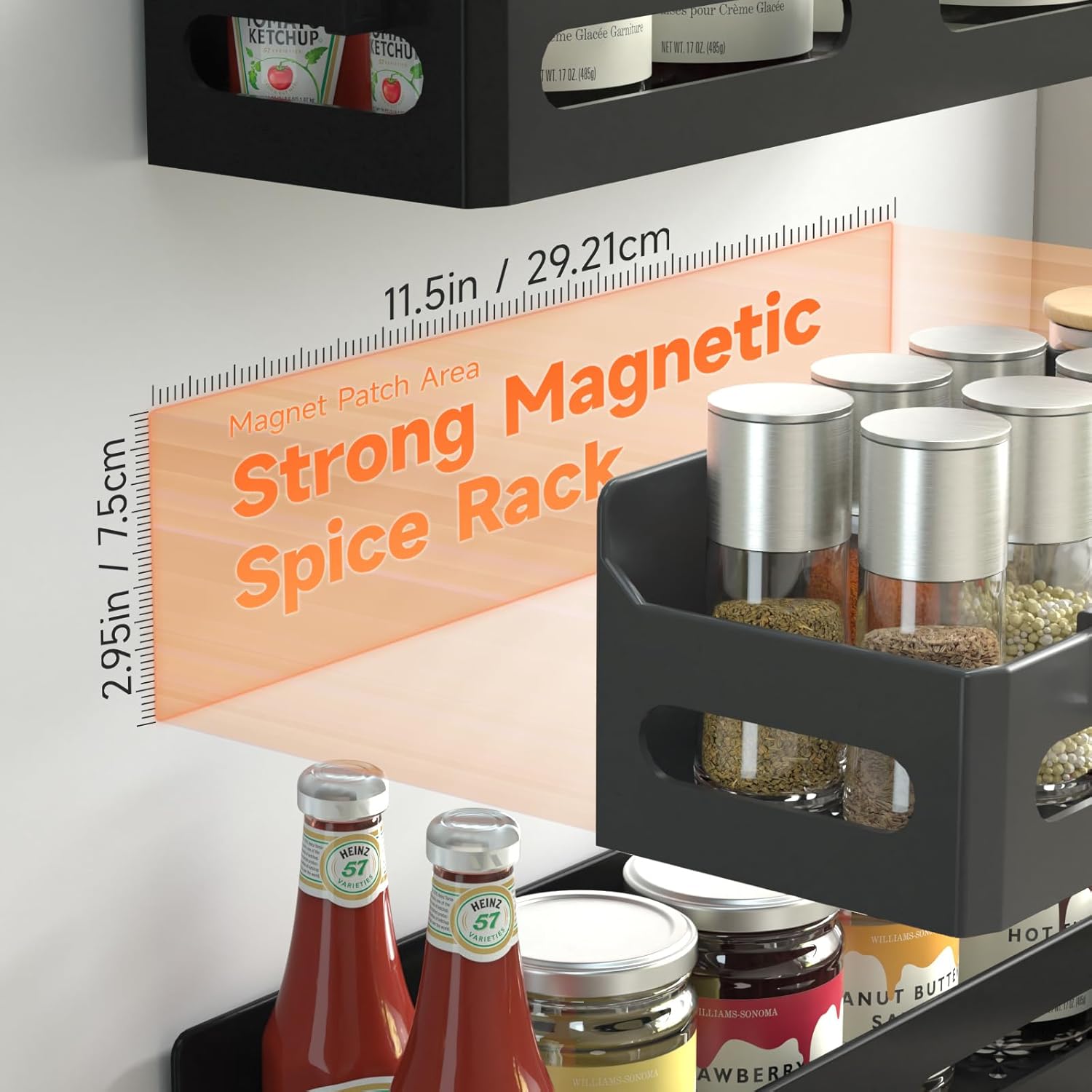 Sevenblue 4 Pack Strong Magnetic Spice Rack for Refrigerator, Multipurpose Magnetic Shelf for Fridge with 4 Hooks for Kitchen and Bathroom Organization, Black - Image 2