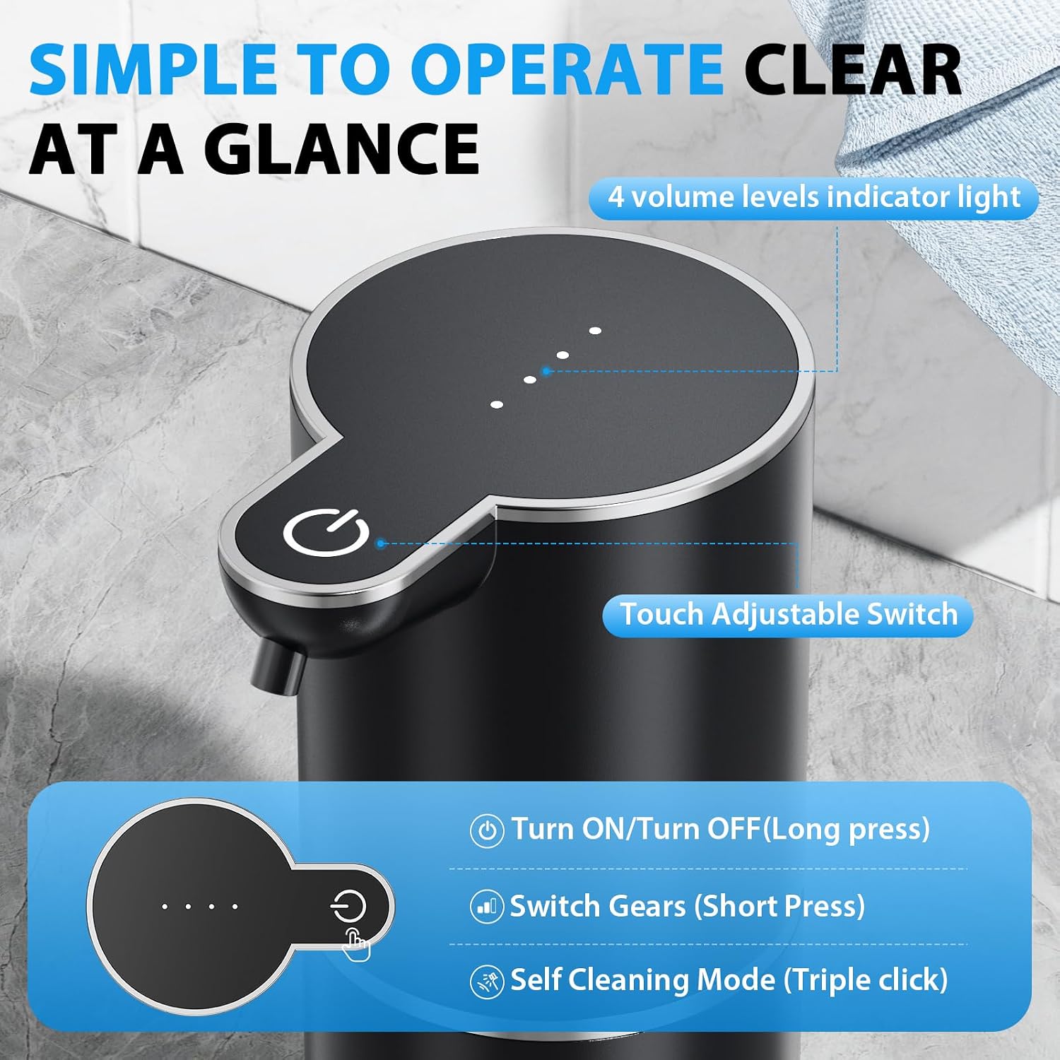 Fantictas Automatic Soap Dispenser Touchless Automatic Foam Soap Dispenser 380ML 4 Adjustable Levels 1200mAh Soap Dispensing Wall Mount for Kitchen and Bathroom,Black - Image 3