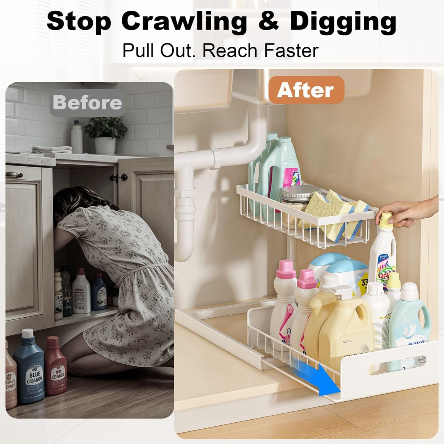 REALINN Under Sink Organizer, Pull Out Cabinet Organizer, 2 Tier Metal Slide Out Shelf with L Shaped Design for Kitchen, Bathroom, Laundry, and Utility Cabinet Storage for Deep Cabinets, White, 2 Pack - Image 4