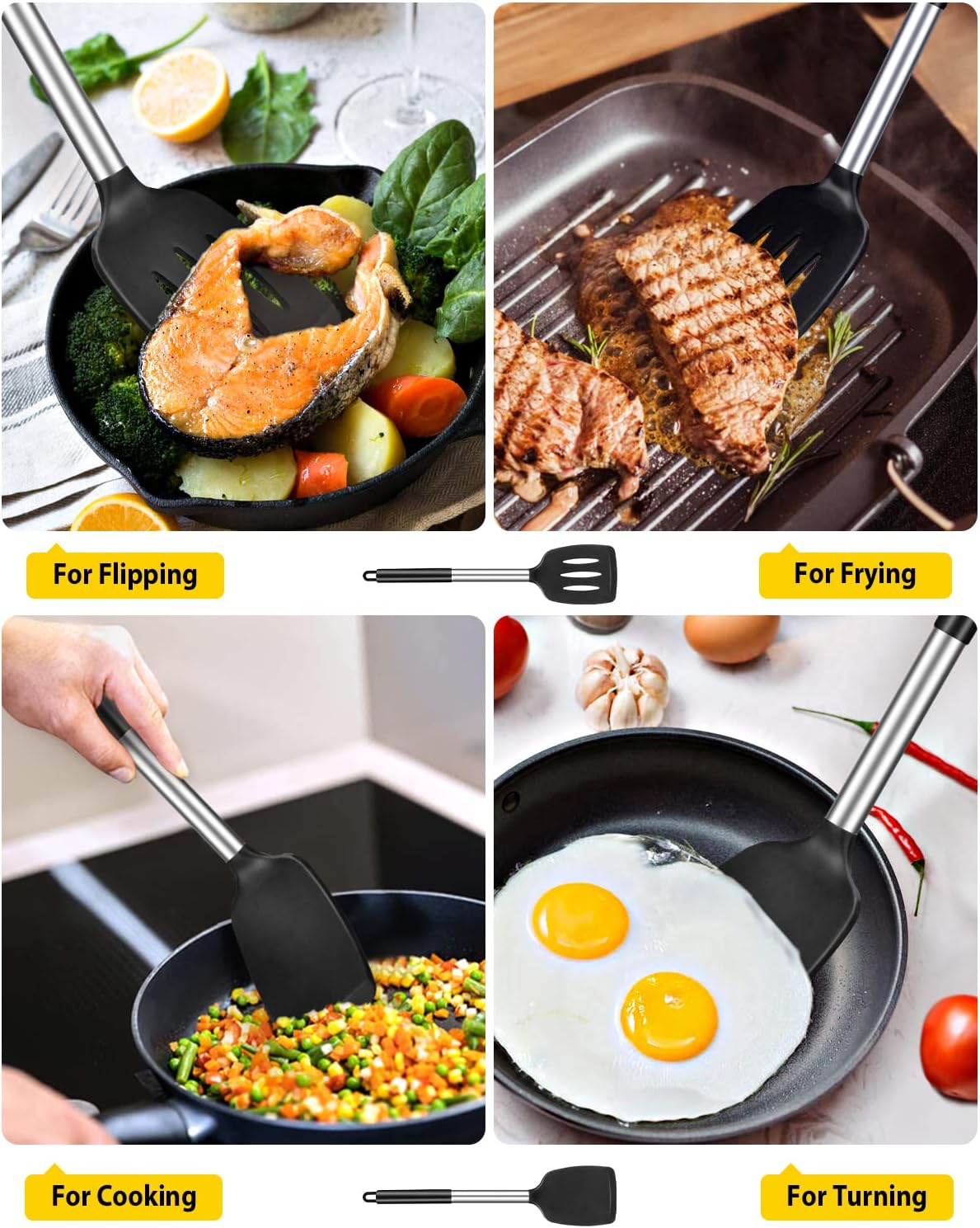 Pack of 2 Silicone Solid Turner, Non Stick Slotted Kitchen Spatulas, High Heat Resistant BPA Free Cooking Utensils, Ideal Cookware for Fish, Eggs, Pancakes(Black) - Image 3