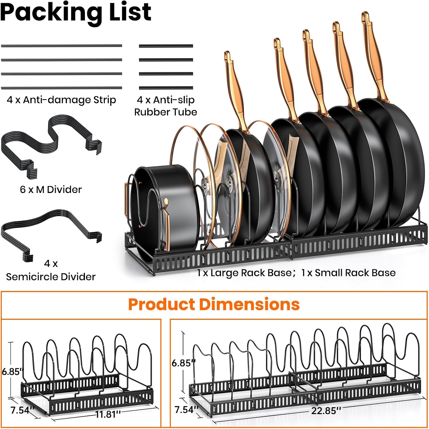 MUDEELA Pots and Pans Organizer Rack for under Cabinet, Expandable 11.81''-22.85'' Pot Lid Kitchen Cabinet Organizer Holder with 10 Adjustable Compartment Cutting Board Organizer for Pan Lid, Bakeware - Image 6