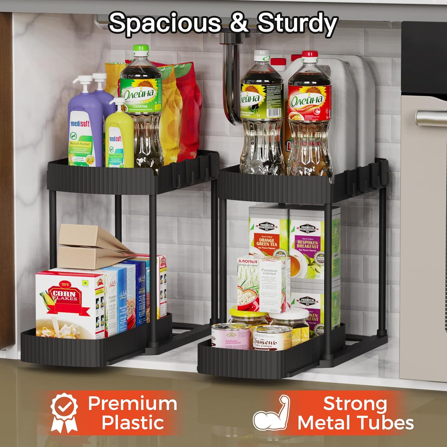 Ukeetap Multi-Purpose Pull-Out Storage Organizers, Under Sink/Cabinet Organizers and Storage for Bathroom & Kitchen, Black, 12.8 Inches, 2 Packs - Image 3