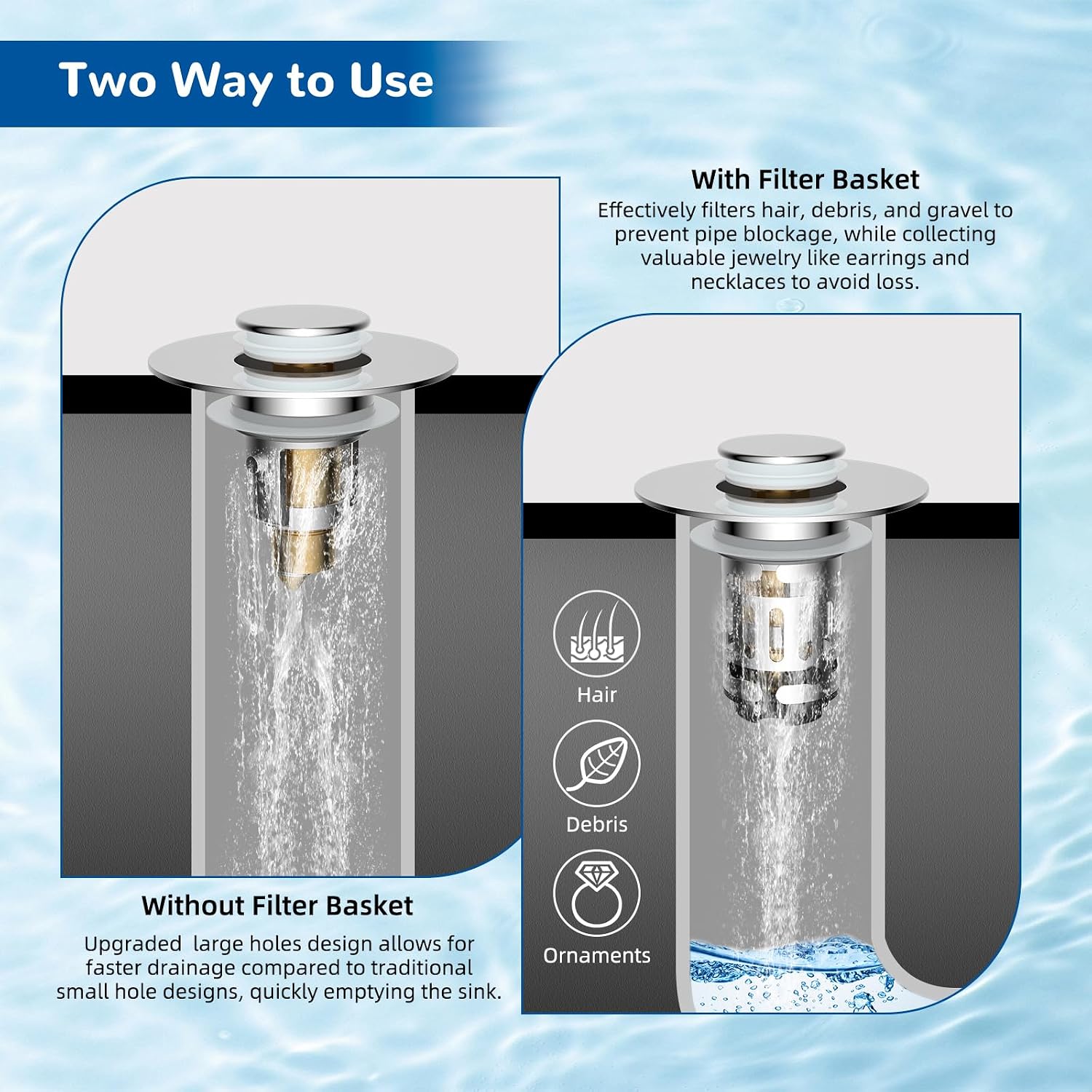 Hibbent Upgraded 3 in 1 Bathroom Sink Drain Strainer, Universal Pop Up Stopper with Removable Stainless Steel Filter Basket Hair Catcher, Sink Plug for 1.1''~2.36'' Basin, Brass Bullet Core, Chrome - Image 4