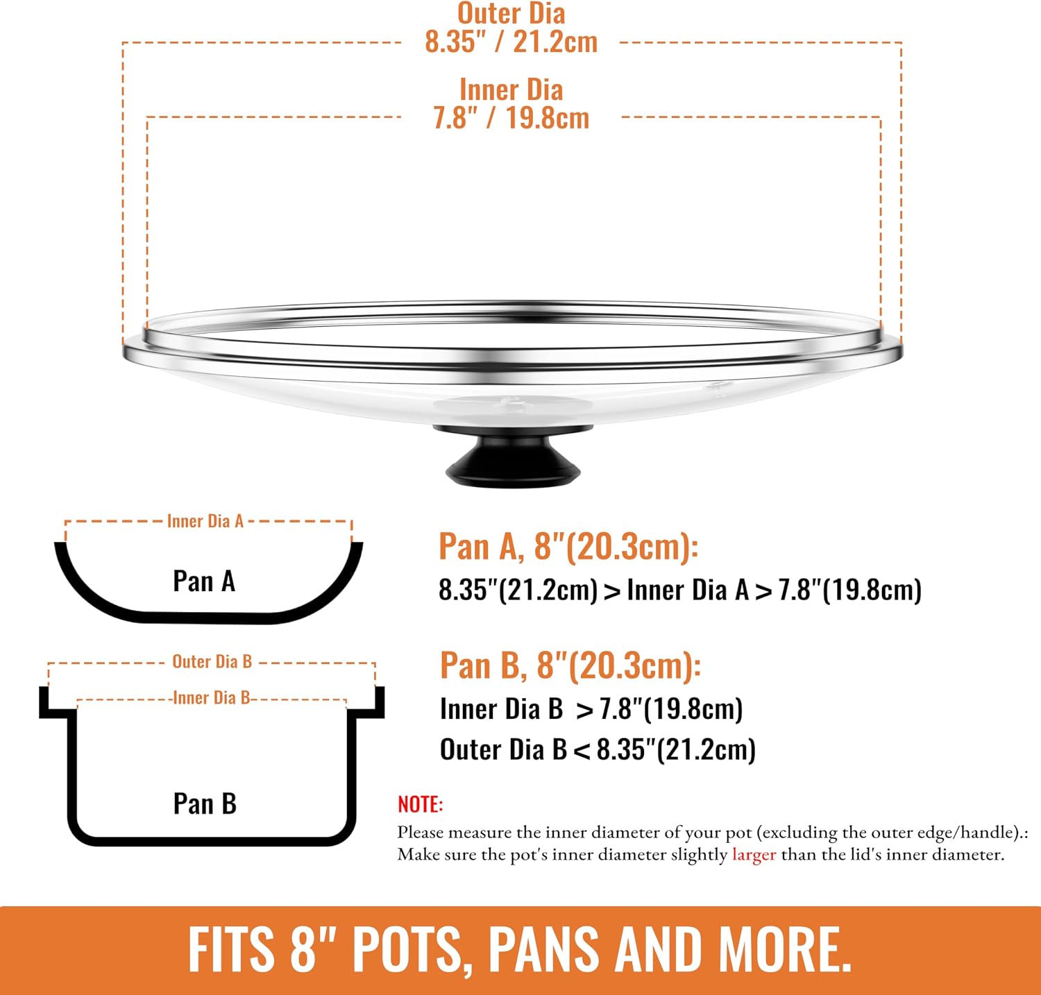 8 Inch Pan Lid For Pots Pans and Skillets, Cast Iron Skillet Lid, Tempered Glass Pan Lids Replacement, Pot Covers for Cooking, Wok, Crock Pot Lid with Stainless Steel Rim, Frying Pot Lids Only - Image 3
