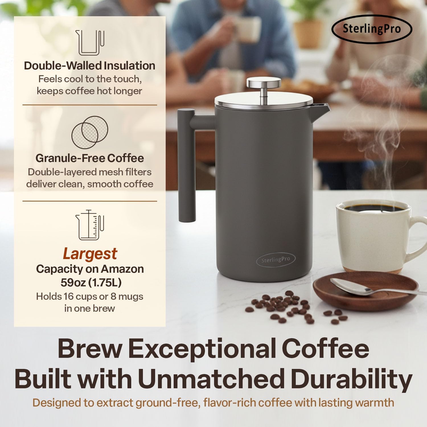 SterlingPro Extra Large Insulated Stainless Steel French Press Coffee Maker 59oz – Insulated Metal XL Double Wall Coffee Maker | Plastic Free | Cool-Touch | Grey Finish | Makes up to 16 Cups / 8 Mugs - Image 2