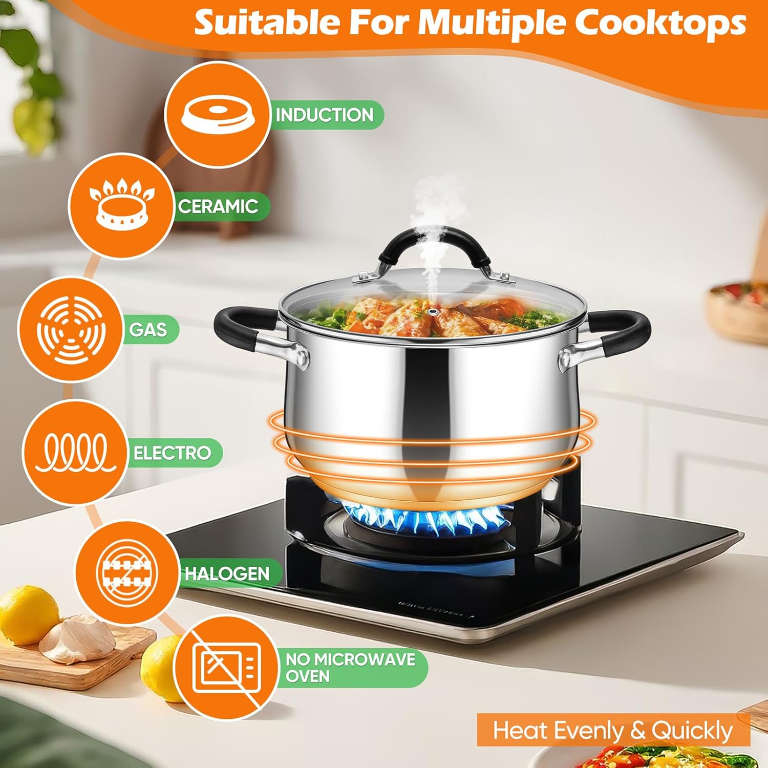 P&P CHEF Stainless Steel Stock Pot, 4 Qt Cooking Soup Pot with Visible Lid for Pasta, Tri-Ply Bottom & Dual Heatproof Handles, For Induction Gas All Stoves, Non-Toxic & Dishwasher Safe - Image 6