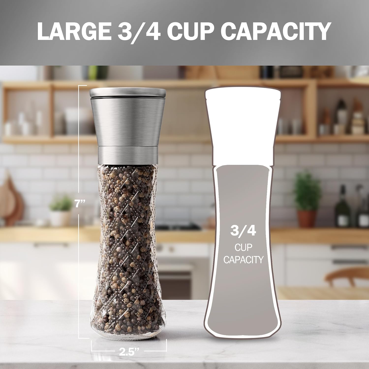 Home EC Original Stainless Steel Sea Salt and Pepper Grinder Set of 2 - Adjustable Ceramic Grinder - Diamond Pattern Glass - Salt and Pepper Shakers - Kitchen Spice Mill - Modern Kitchen Accessories - Image 2