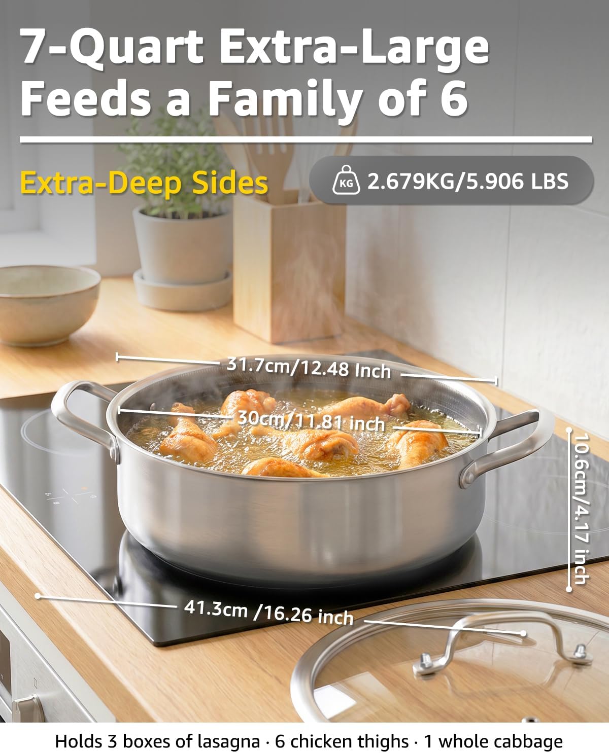 LOLYKITCH 7 QT Large Deep Frying Pan with Lid, 12 Inch Nonstick Triply Stainless Steel Skillet Saute Pan, Ceramic Hybrid Honeycomb Cookware for Family Meal – Oven & Induction Ready, Riveted Handles - Image 4