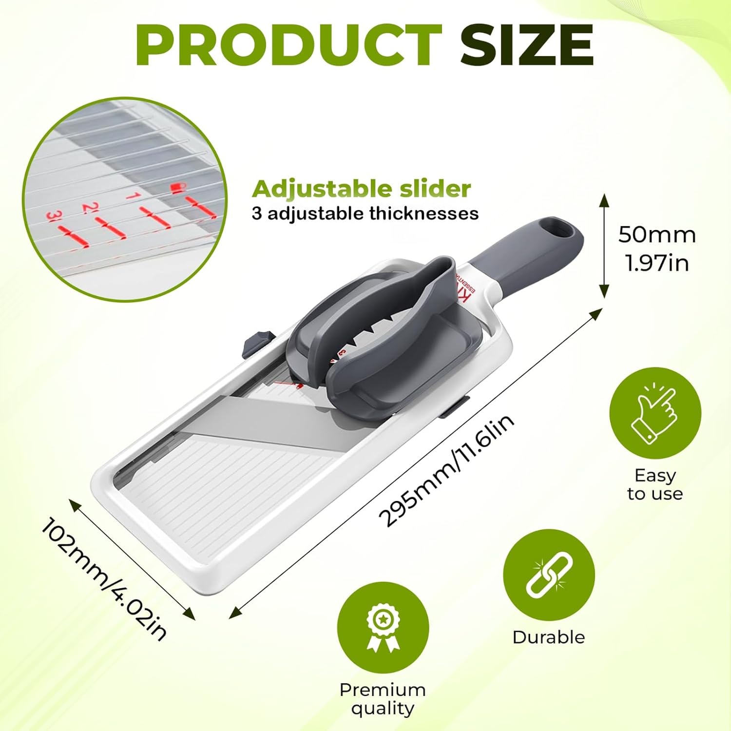 Mandoline Slicer for Kitchen – Adjustable Stainless Steel Blades, with Comfort Grip – Vegetable Slicer for Small to Medium sized Cucumber, Onion, Potato – Gray - Image 3