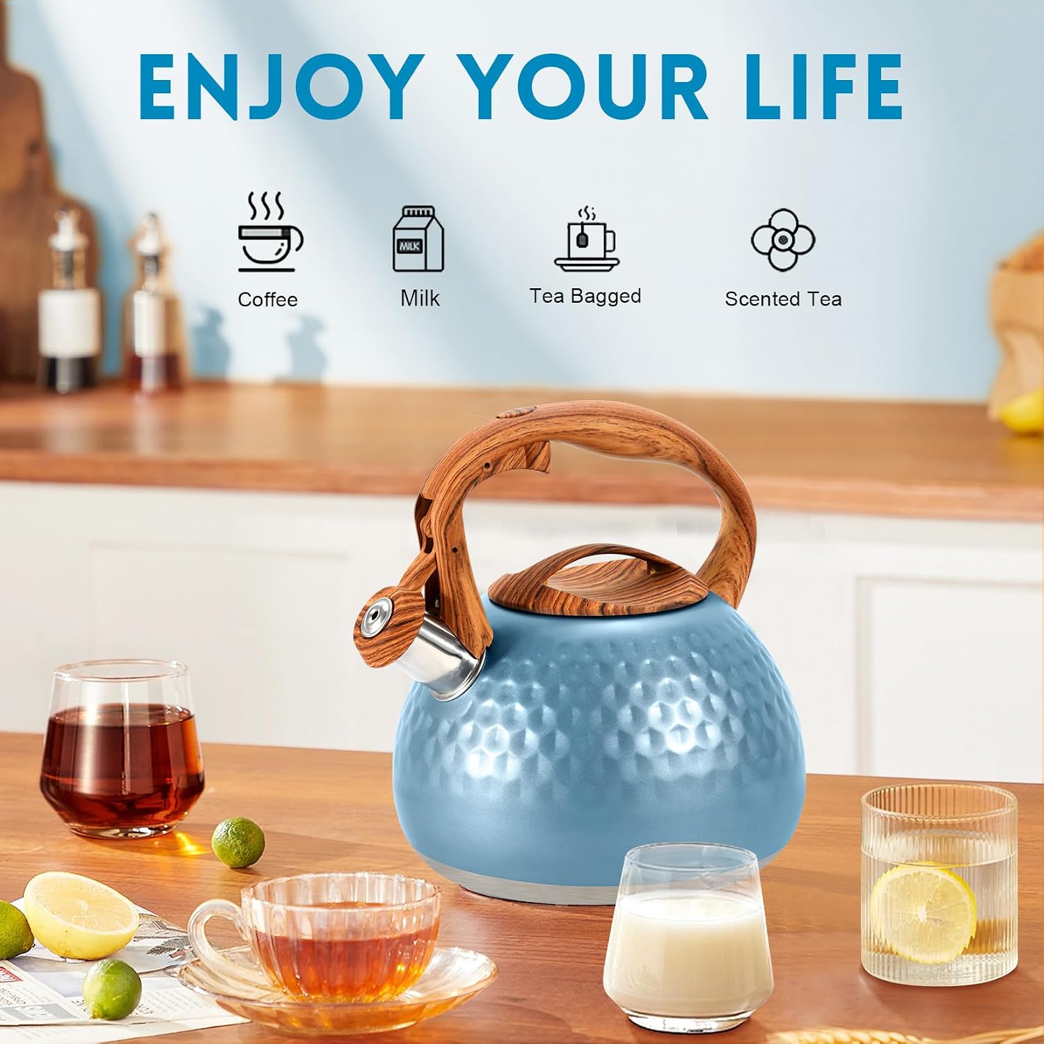 GGC Tea Kettle for Stove Top, Loud Whistling Kettle for Boiling Water Coffee or Milk, 3.1 Quart 3L Heavy Stainless Steel Blue Kettle with Wood Pattern Handle, Unique Button Control Kettle Outlet - Image 7