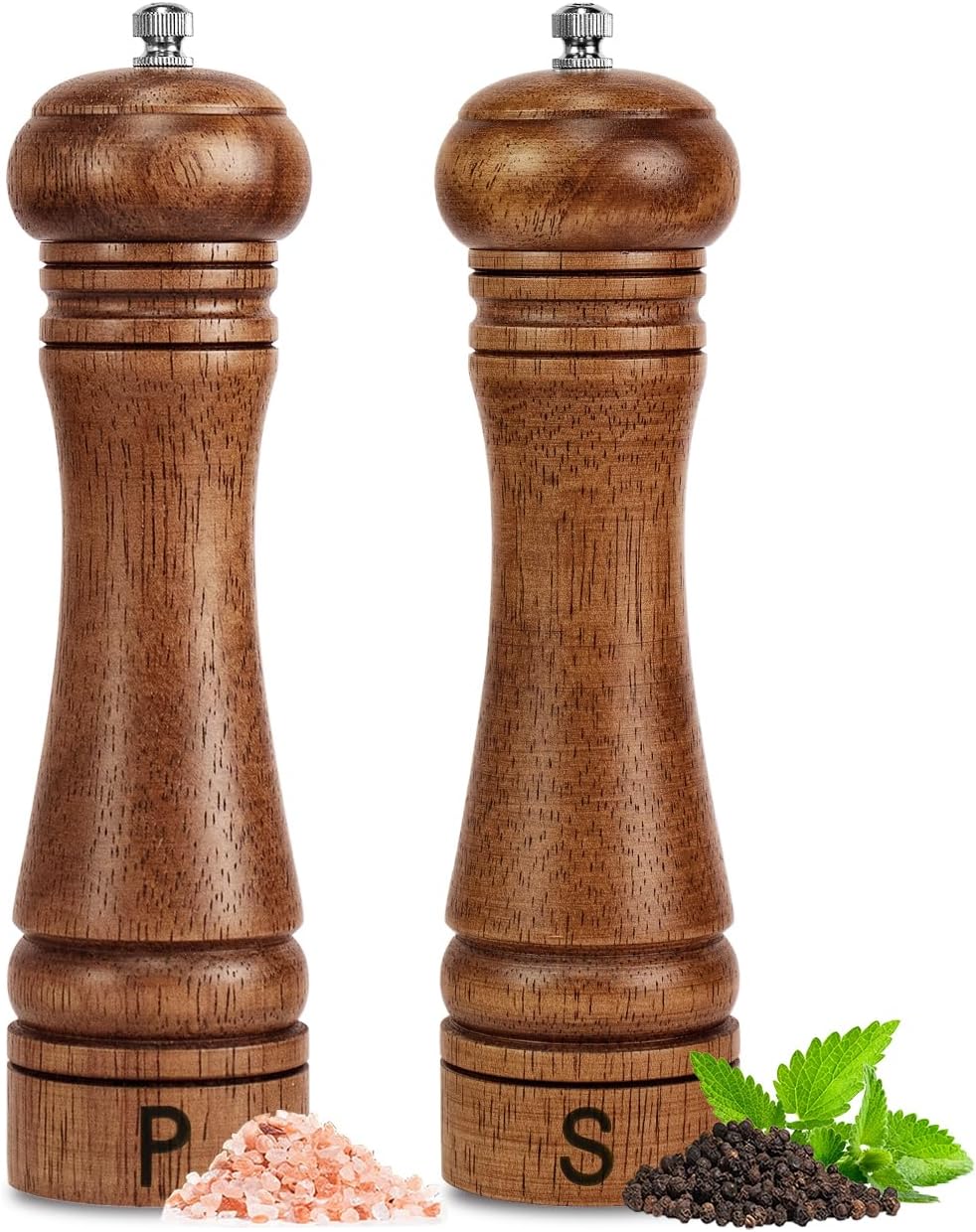 Haomacro Wooden Salt and Pepper Grinder Set Refillable Salt & Pepper Mills Adjust for Coarseness, Crafted of Solid Oak Wood with Ceramic Stainless Steel Core, 8 Inches - 2 Packs