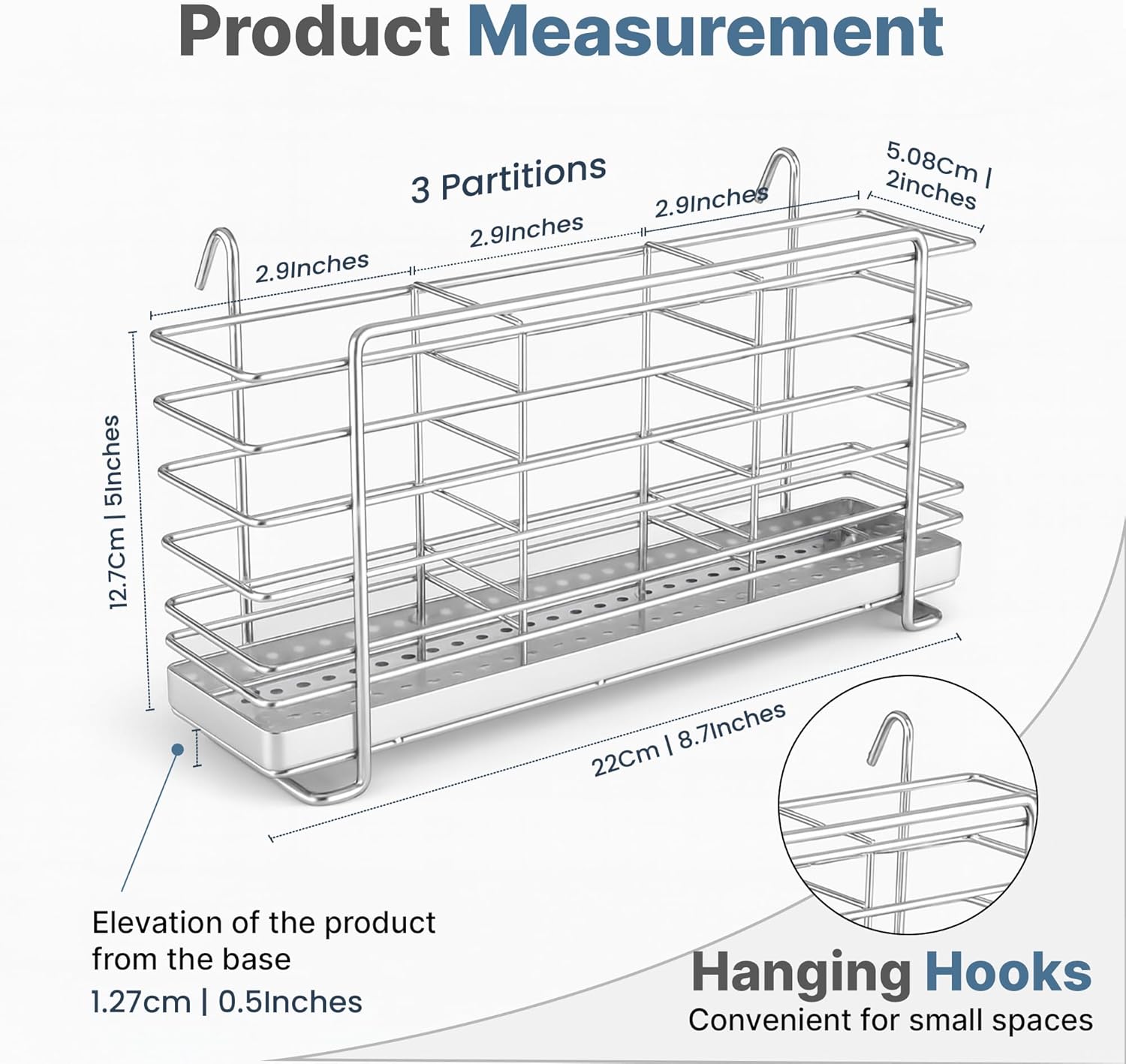 KESOL 304 Stainless Steel Utensil Drying Rack with Hooks & 3 Divided Compartments, Silverware Drying Basket, Spoon and Fork Organizer, Rustproof Kitchen Drainage Basket Accessories, Silver, 2x8.7x5 - Image 2