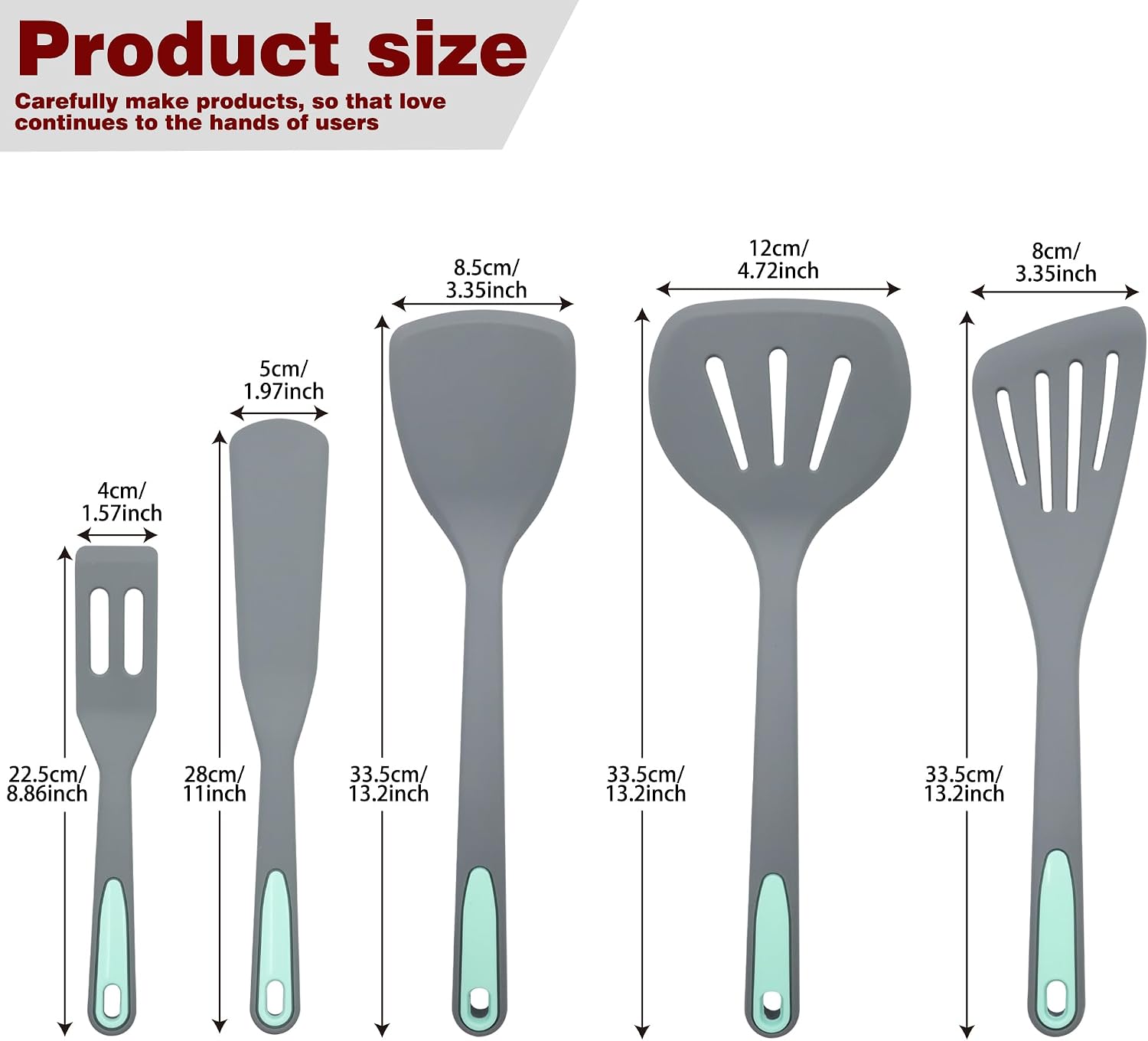 To encounter 5 Pieces Silicone Spatula Set, Non-Stick Silicone Turner Spatulas, Heat Resistance Cooking Utensils, Flip Turner for Fish, Egg, Pancake,Dishwasher Safe, Light Grey - Image 6
