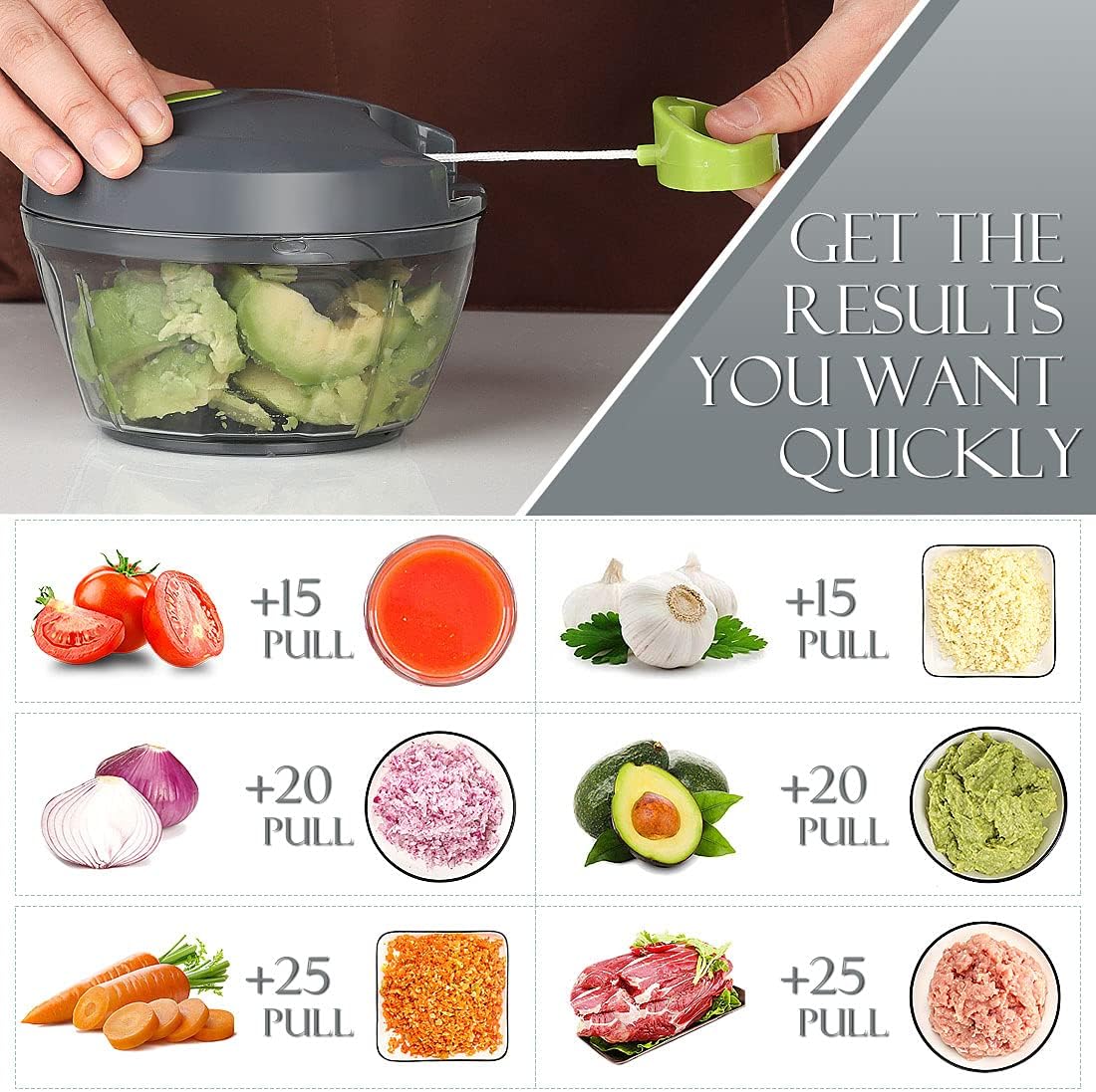 Ourokhome Manual Food Processor Vegetable Chopper, Portable Hand Pull String Garlic Mincer Onion Cutter for Veggies, Ginger, Fruits, Nuts, Herbs, etc., 500ml, Grey - Image 3
