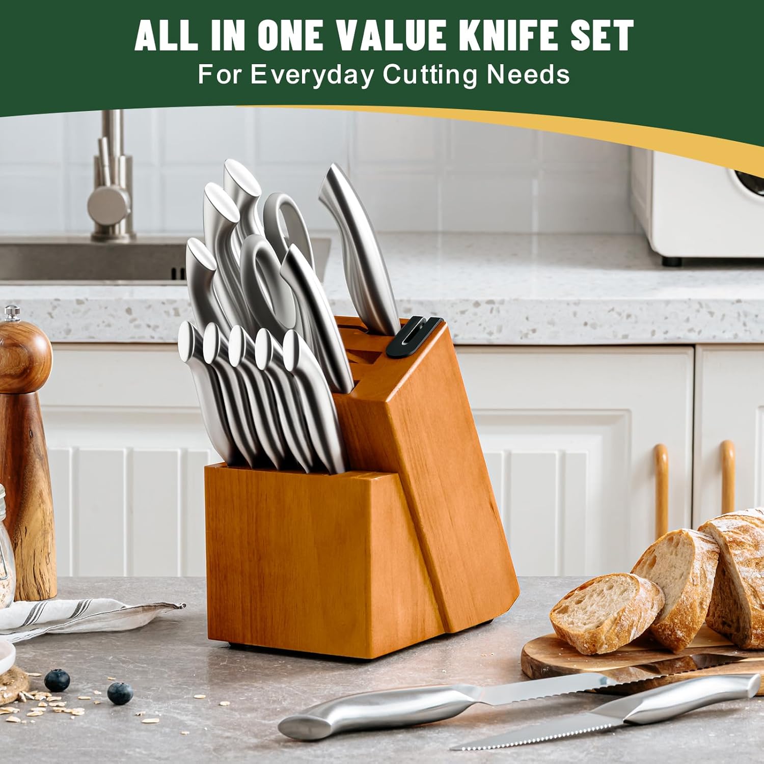 Knife Set, EWFEN 14-Piece Kitchen Knife Set with Block, German Stainless Steel Knives with Built-in Knife Sharpener, Anti-Slip Sharp Knives Set for Kitchen, Dishwasher Safe, Curved Handle - Image 3