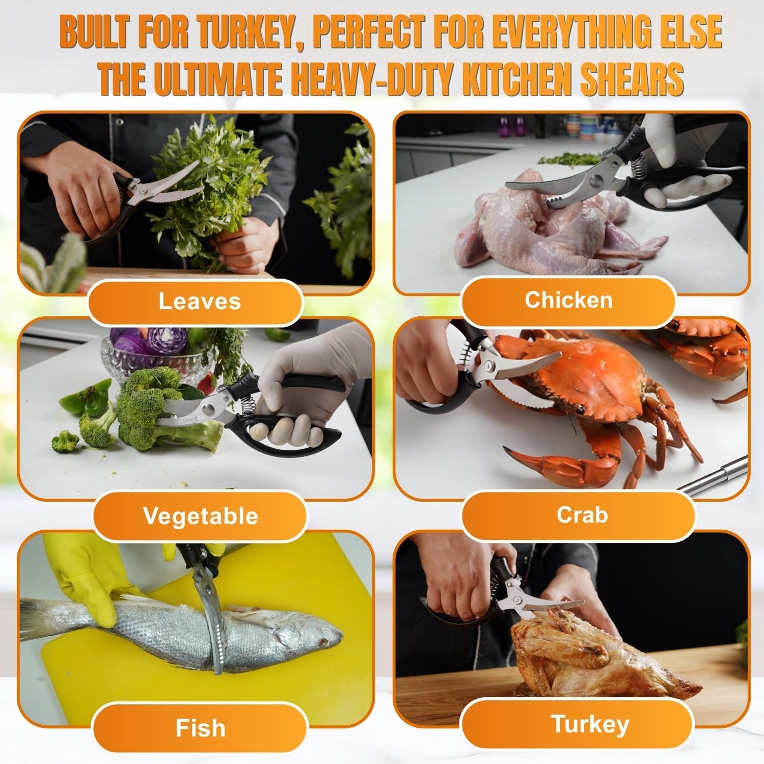 Poultry Shears, Kitchen Shears Heavy Duty for Food With Anti-Slip Handle & Safety Lock, Meat Scissors, Chicken, Lobster, Quail, Fish, Food Cutting Scissors, Bone Cutter - Spring Loaded - Image 5