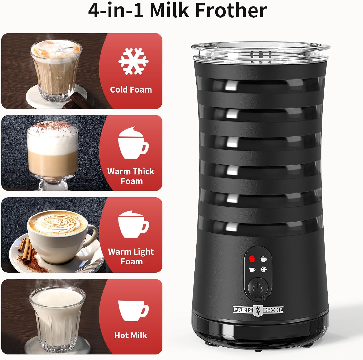 Electric Milk Frother, Paris Rhône 4-in-1 Milk Steamer and Frother, Hot & Cold Foam Milk Warmer with Temperature Control, Auto Shut-Off Frothers for Coffee, Latte,Macchiato, Cappuccino - Image 3