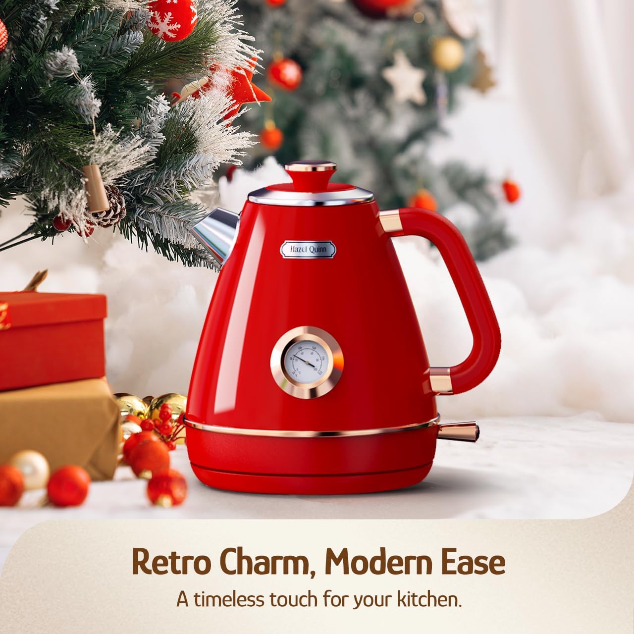Hazel Quinn Retro Electric Kettle - 1.7 Liters / 57.5 Ounces Tea Kettle with Thermometer, All Stainless Steel, Fast Boiling 1200 W, BPA-free, Cordless, Rotational Base, Automatic Shut Off - Ruby Red - Image 2