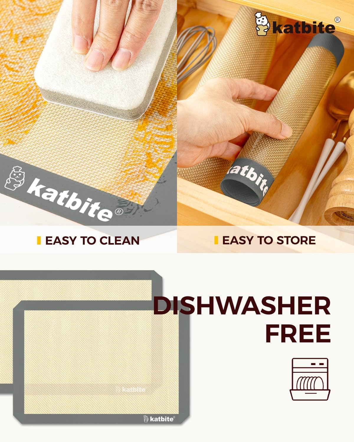 Silicone Baking Mat, Katbite Large Baking Mat Set of 3-2 Half Sheets Mats (11 5/8" x 16 1/2") + 1 Quarter Baking Sheets, Reusable & Nonstick Bakeware Mats for Cookies, Macarons, Bread and Pastry - Image 4
