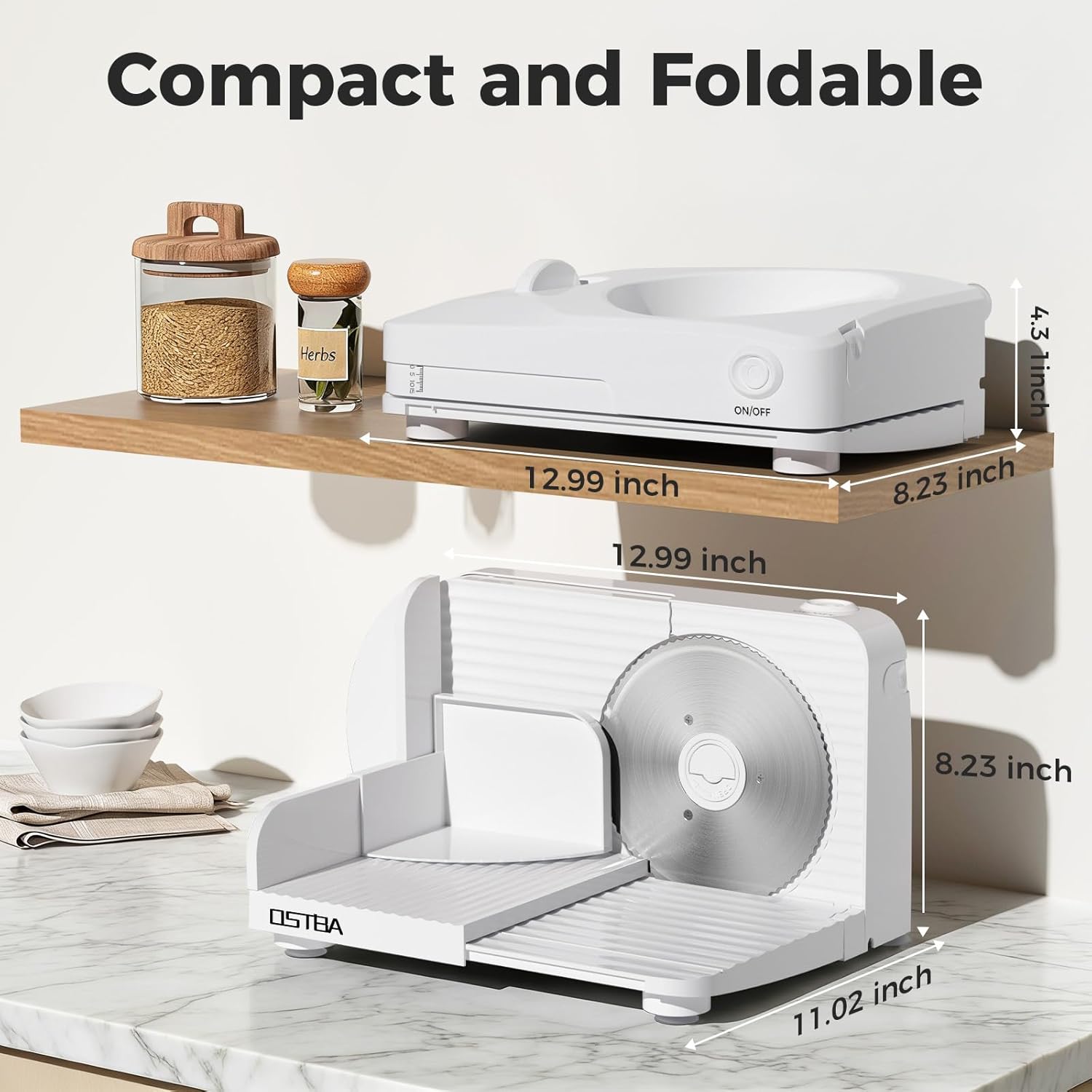 OSTBA Foldable Electric Food Slicer, Adjustable Thickness 0–15mm, 6.7” Stainless Steel Blade, 150W Motor, Portable & Easy-to-Clean Meat, Cheese, Bread, and Vegetable Slicer for Home Kitchen, White - Image 4