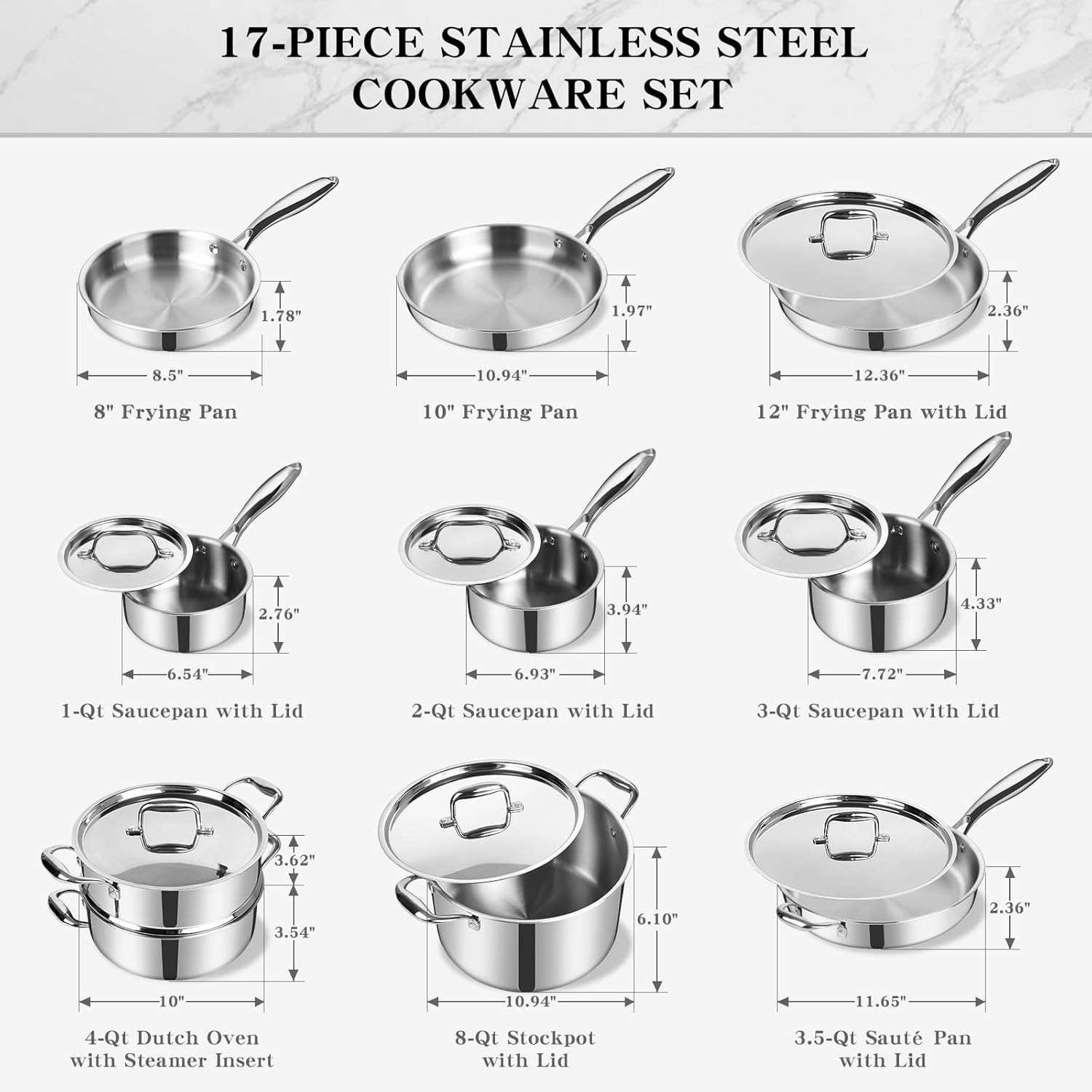 EWFEN Stainless Steel Cookware Set, 3 Ply 17 Piece Stainless Steel Pot and Pan Set, Oven Dishwasher Safe | Induction Compatible Frying Pans, Saucepans, Saute Pan & Stock Pot, PFOA, PTFE & PFOS Free - Image 3