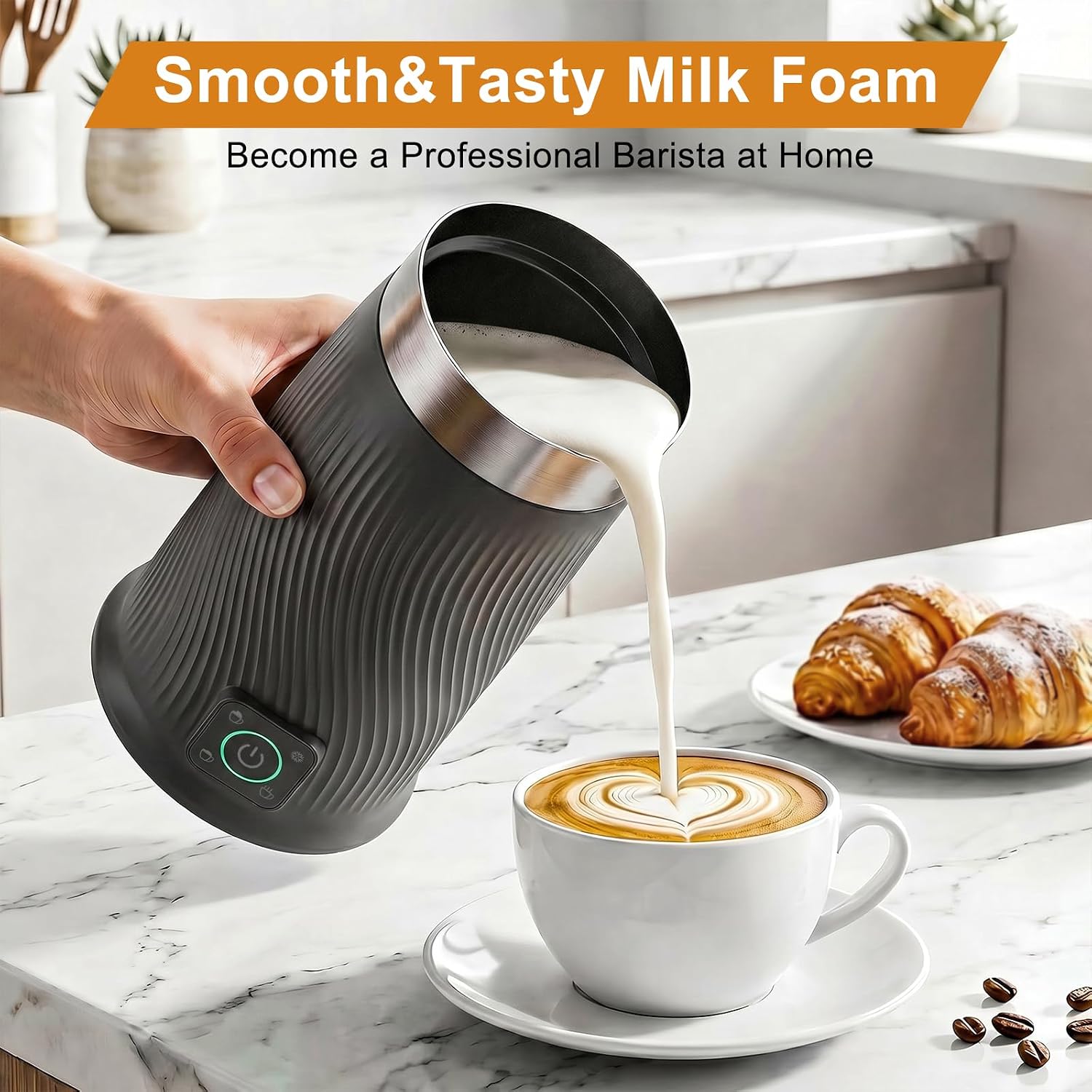 Wowteam Milk Frother, 4-in-1 Electric Milk Steamer, Warm and Cold Milk Warmer and Foam Maker for Coffee, Latte, Cappuccinos, Macchiato, 8.2oz/240ml, Stainless Steel (Black) - Image 2