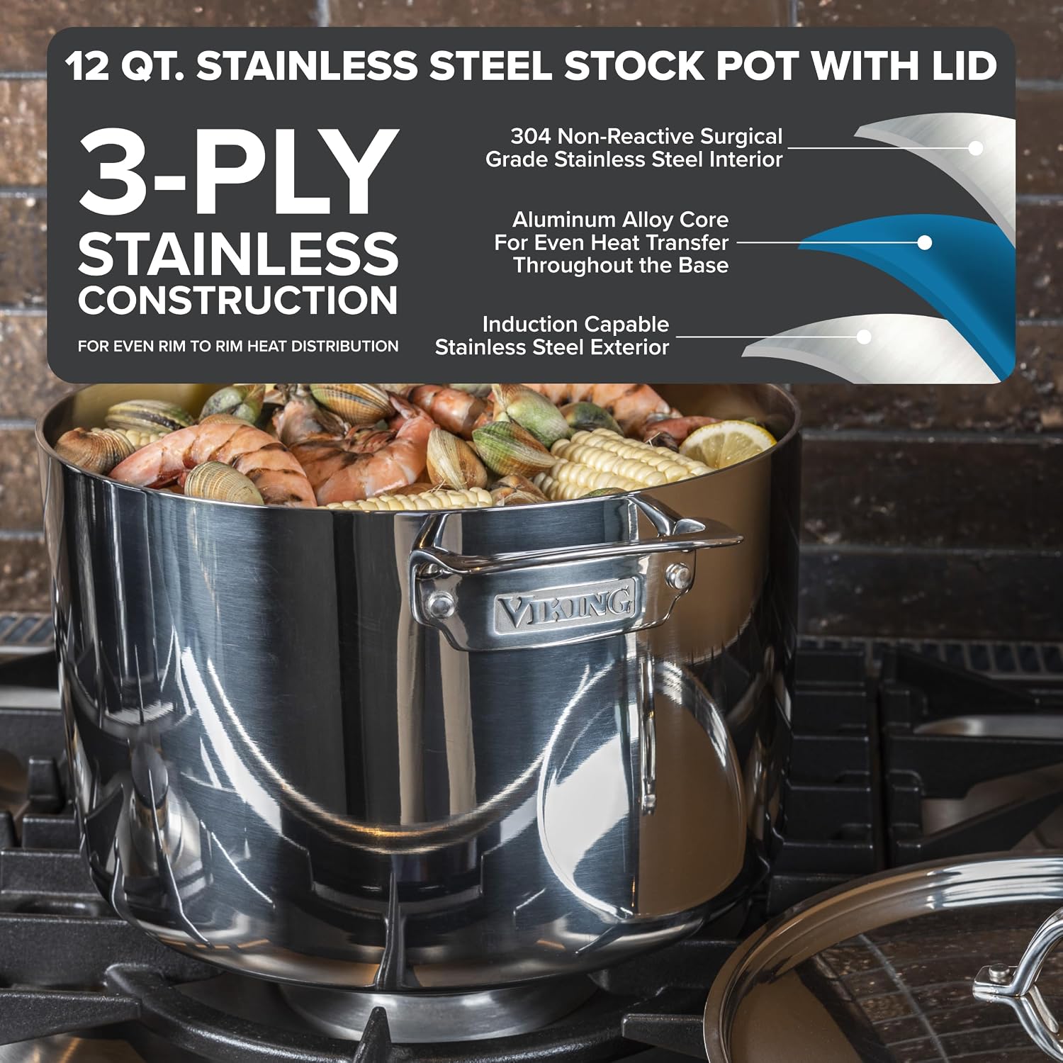 Viking 3-Ply Stainless Steel Stock Pot, 12 Quart Soup Cooking Pot with Lid, Kitchen Cookware, Dishwasher and Oven Safe, Induction Ready, Silver - Image 3
