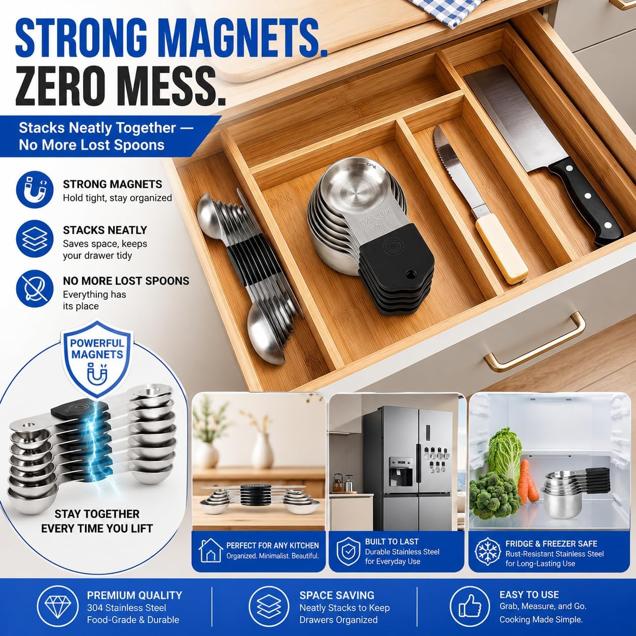 Magnetic Measuring Cups and Spoons Set, Strong N52 Magnets, Heavy Duty 304 Stainless Steel Fits in Spice Jars for Baking & Cooking, BPA Free, Round Set of 15 with Leveler Black - Image 5