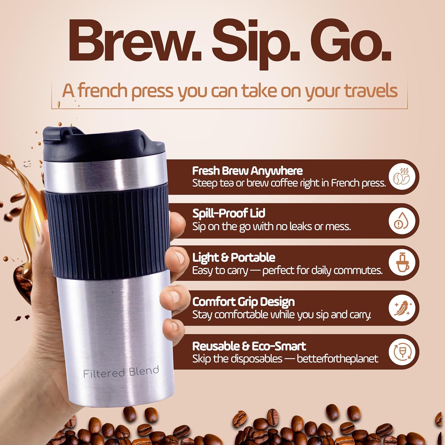 15oz Double Wall Stainless Steel Insulated French Press Coffee and Tea Maker - Portable Camping Mug and Tumbler - Heat Retaining, Leak-Proof, Travel-Friendly for Office and Outdoor Adventures (Black) - Image 3