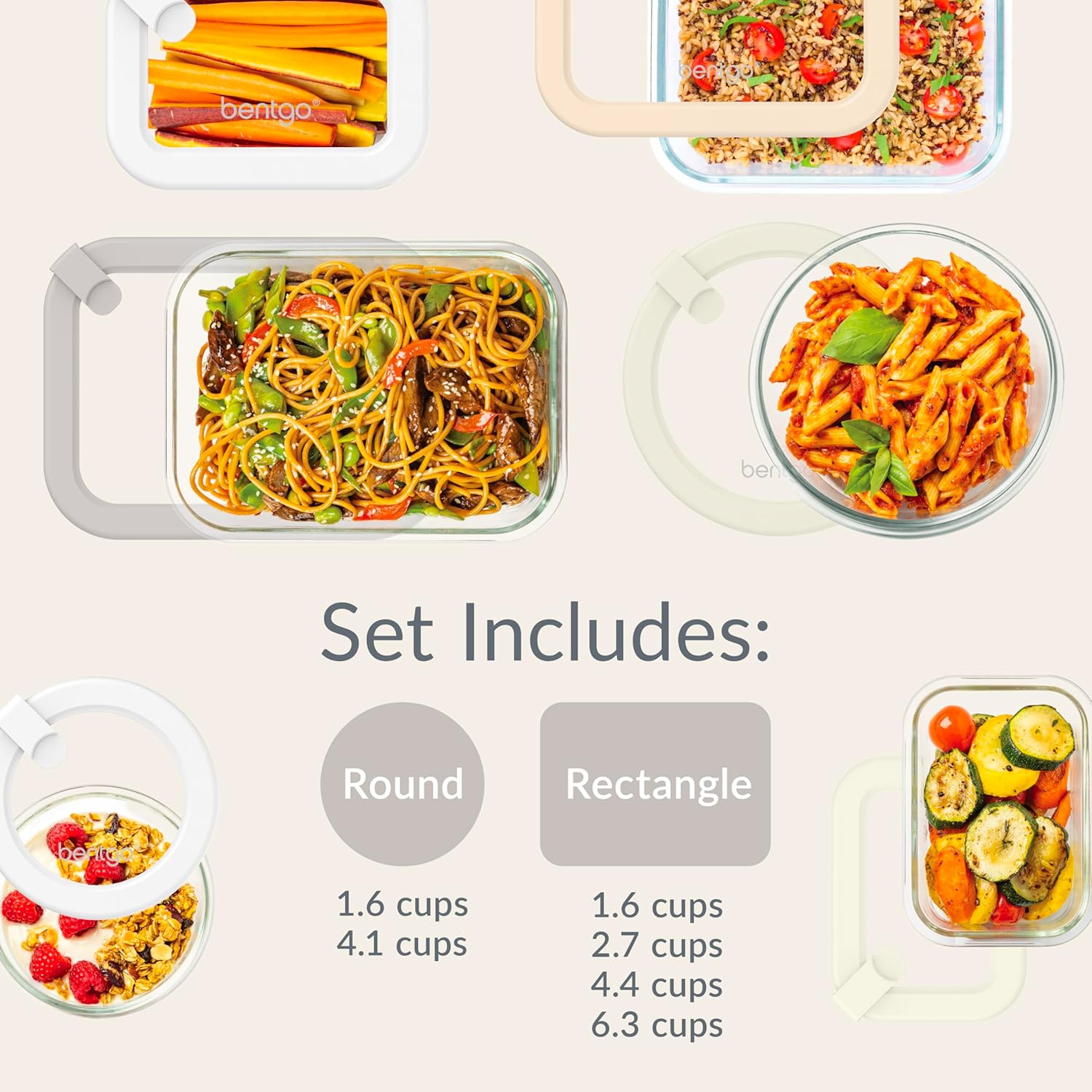 Bentgo Signature Leak-Proof Glass Food Storage - 12-Piece Set, 1-Compartment Plastic-Free Containers with Airtight Glass Lids, BPA-Free, Microwave, Freezer, Oven & Dishwasher Safe (White Stone) - Image 6