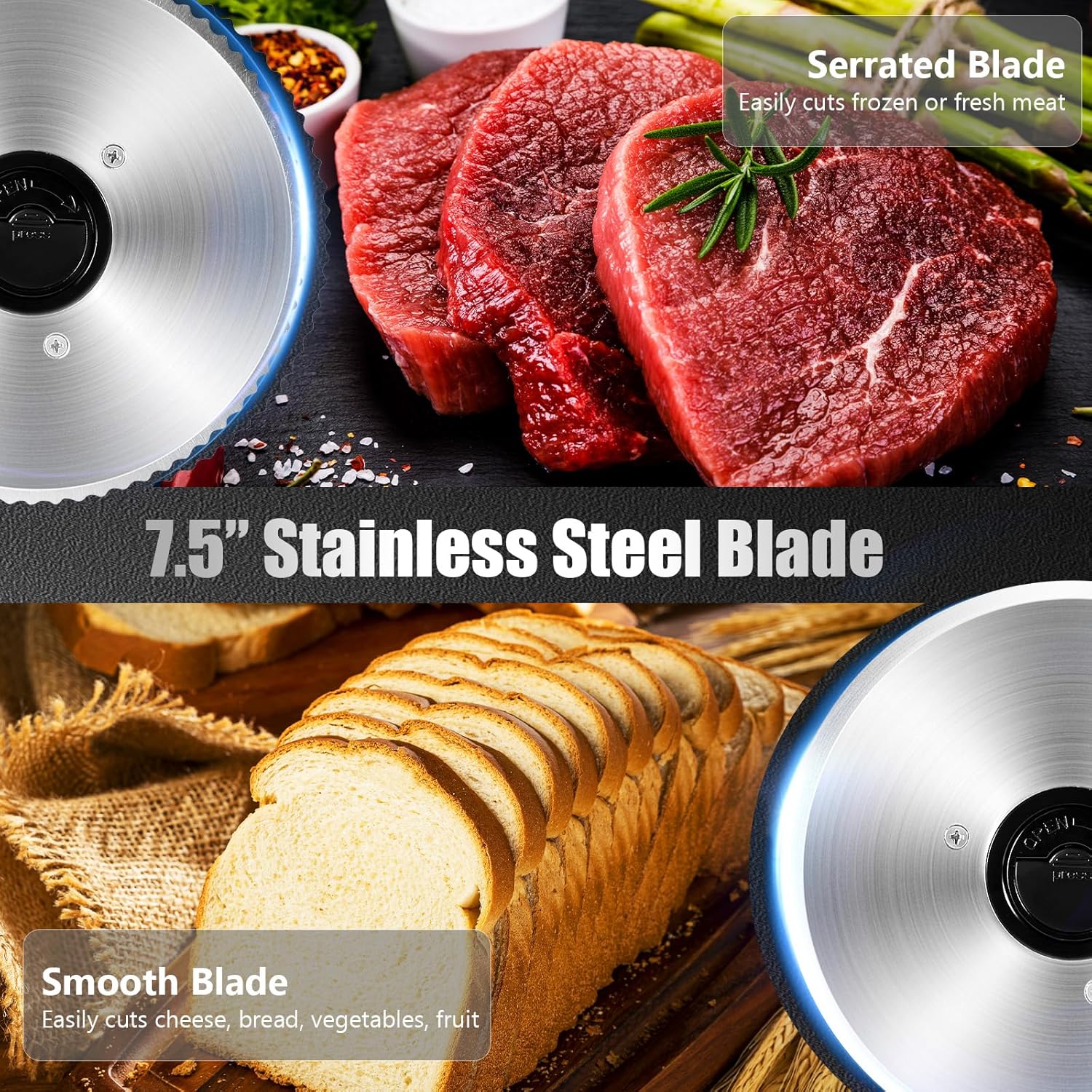 OSTBA Meat Slicer with Quiet DC Motor, 200W Electric Deli Slicer, Dual 7.5'' Stainless Steel Blades, 0-15mm Adjustable Thickness, Easy to Clean, Ideal for Meat, Cheese, Bread, and Vegetables - Image 4