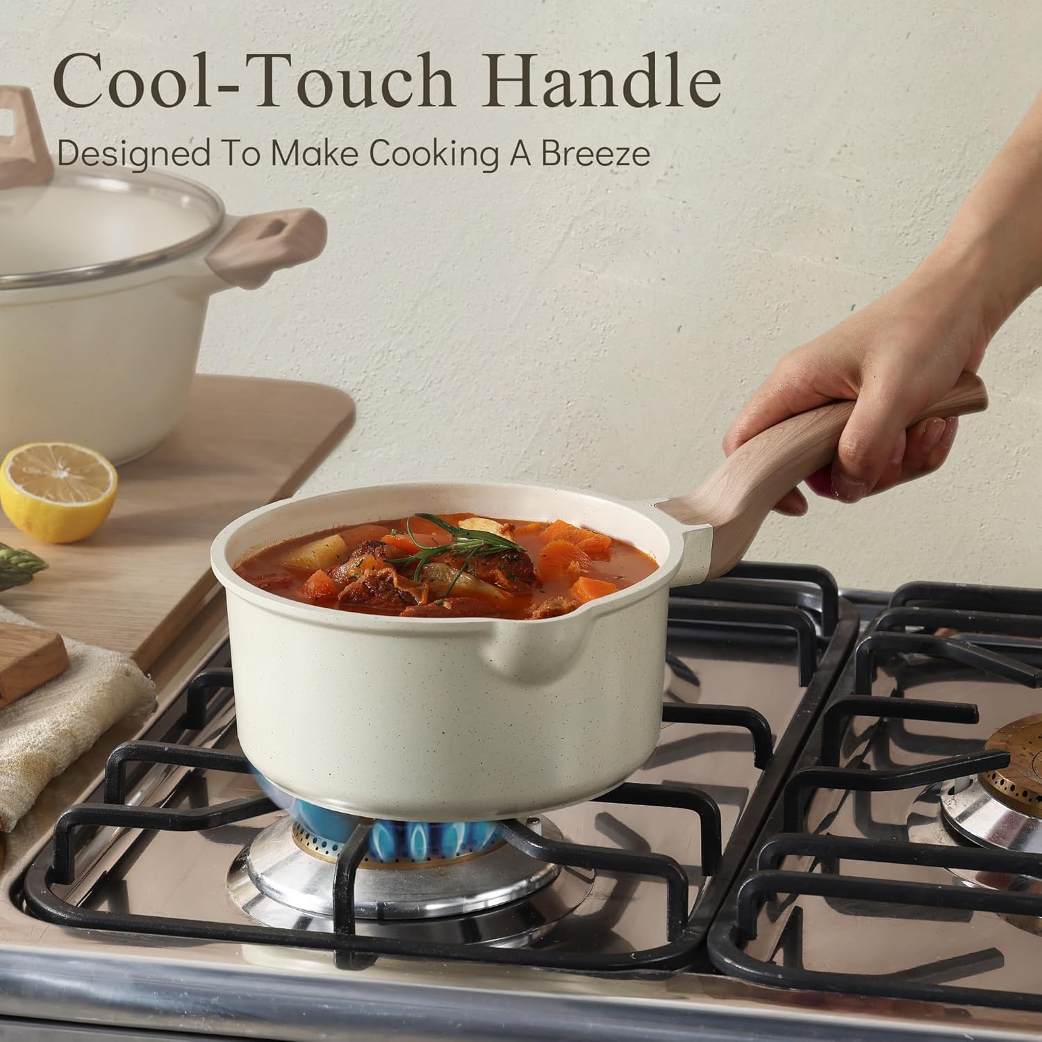 CAROTE 1.5Qt & 3.0Qt Sauce Pan Sets with Lid Cooking Pots Nonstick Saucepans Cookware Set with Pour Spout Small Kitchen Pot, Induction Comptable, Easy to Clean, PFOA FREE (White Granite) - Image 5
