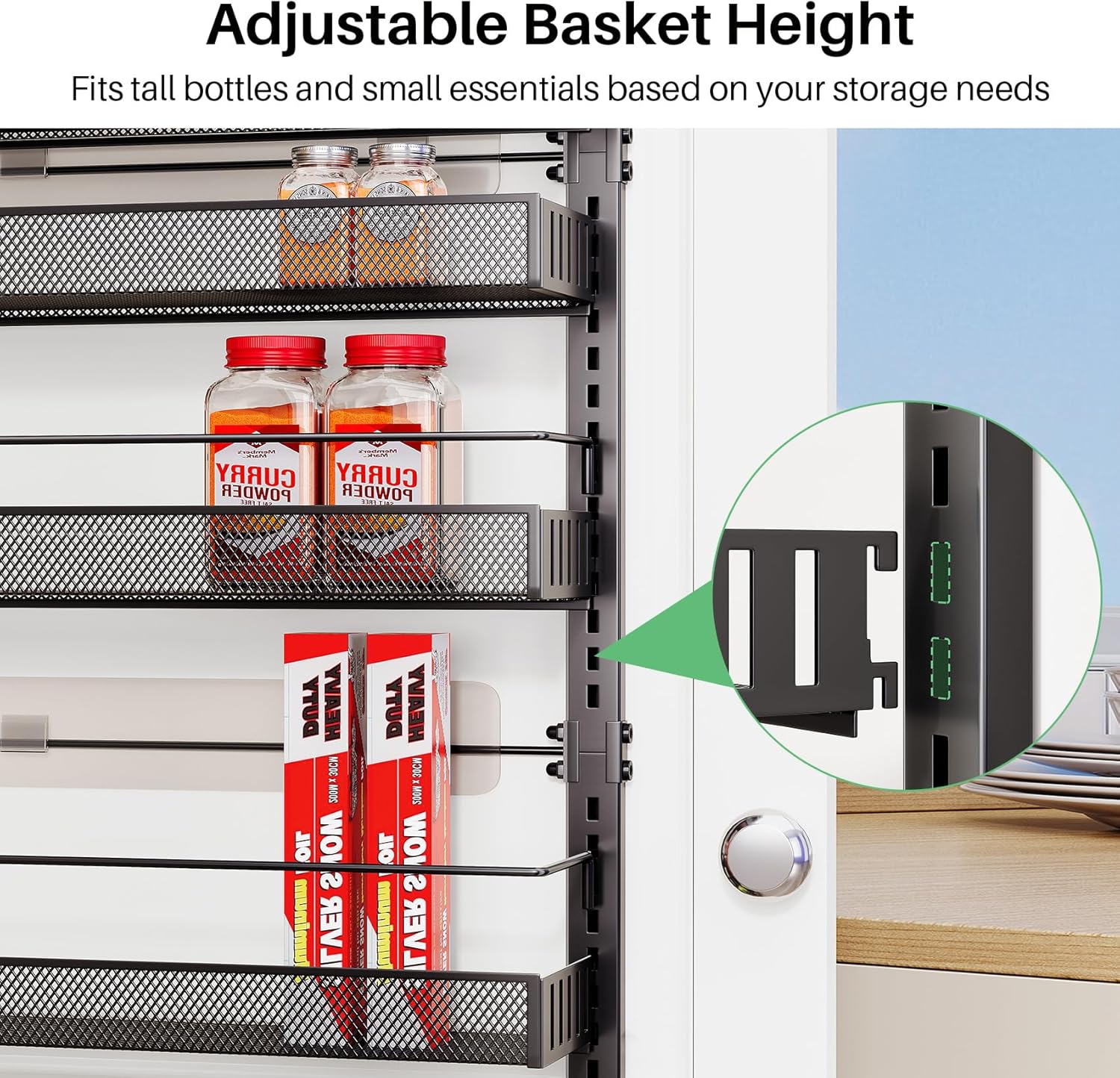 SNTD 8 Tiers Over the Door Organizer - Height Adjustable Pantry Organizers and Storage with Dense Mesh Baskets, Anti-Swing Hanging Door Spice Rack for Kitchen Bathroom (Black, 17" W x 6" D x 69" H) - Image 4