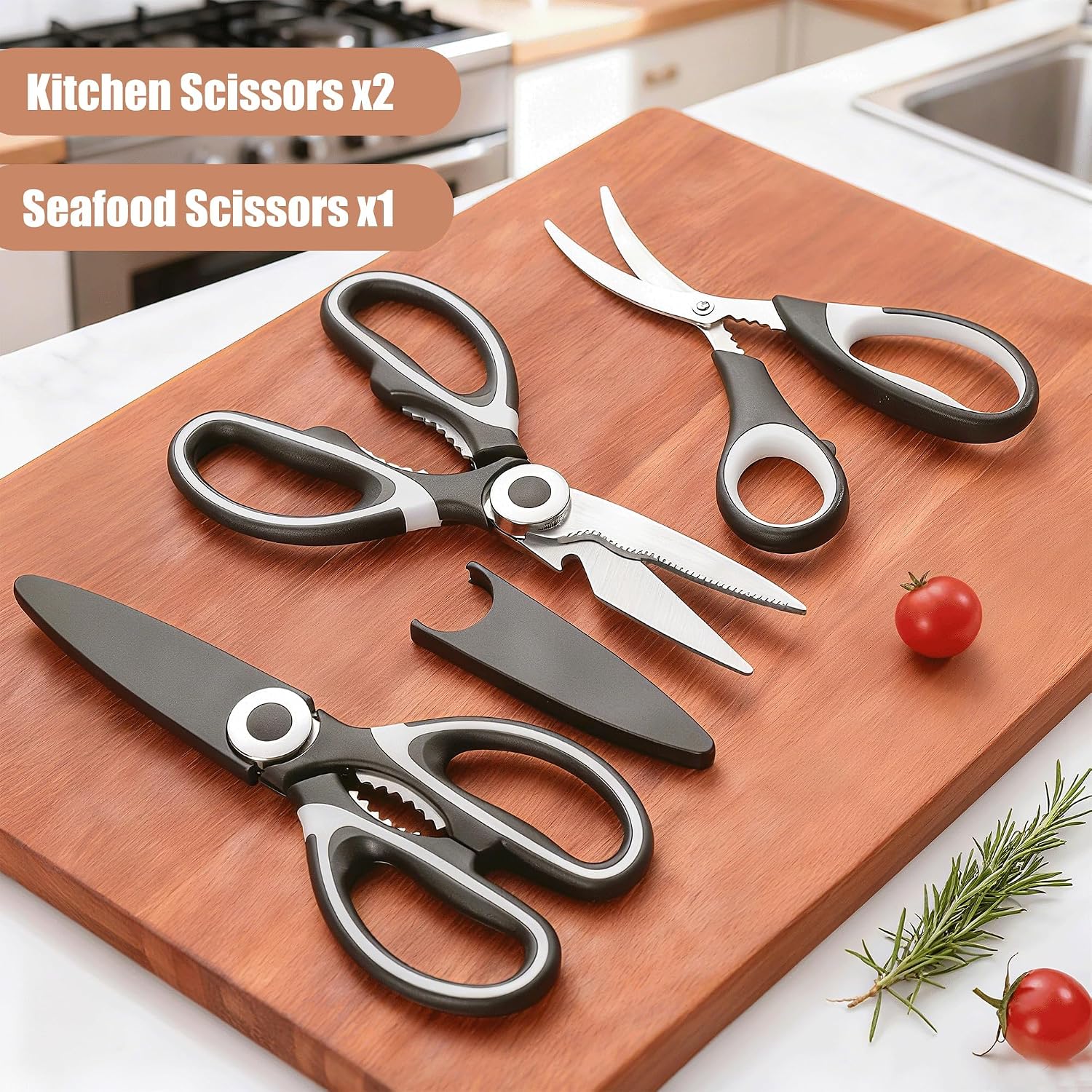 OMDAR 3 Pack Kitchen Scissors & Seafood Scissors Set, Sharp Kitchen Shears | All Purpose Stainless Steel Heavy Duty for Poultry Food Dishwasher Safe with Protective Sheath Comfort-Grip - Image 3