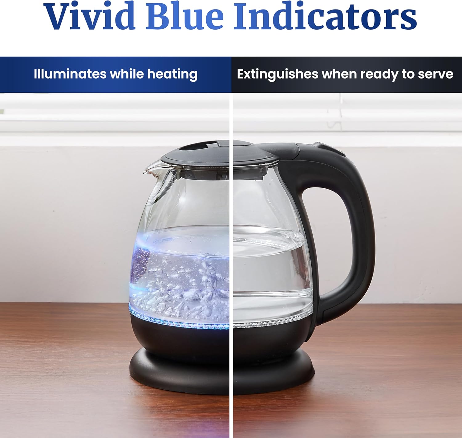 Elite Gourmet EKT1001 Electric 1.0L BPA-Free 1100W Glass Kettle Cordless 360° Base, Stylish Blue LED Interior, Handy Auto Shut-Off Function – Quickly Boil Water For Tea & More, Black - Image 5