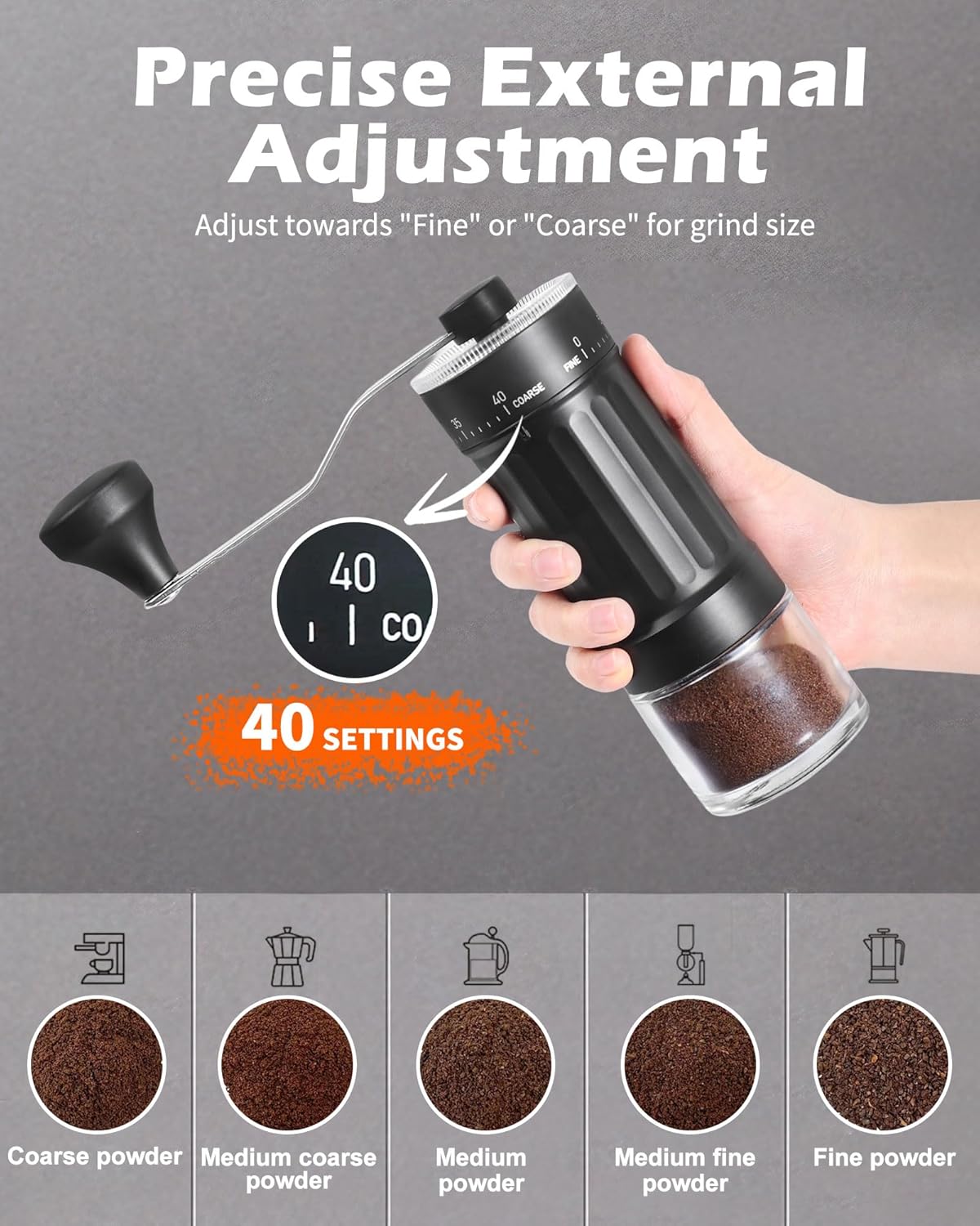 Manual Coffee Grinder With Ceramics Burr For Espresso,French Press,40 Adjustable Settings,Portable Hand Coffee Bean Mill For Home Use and Camping Travel,Coffee Bean Grinders With Hand Crank - Image 7