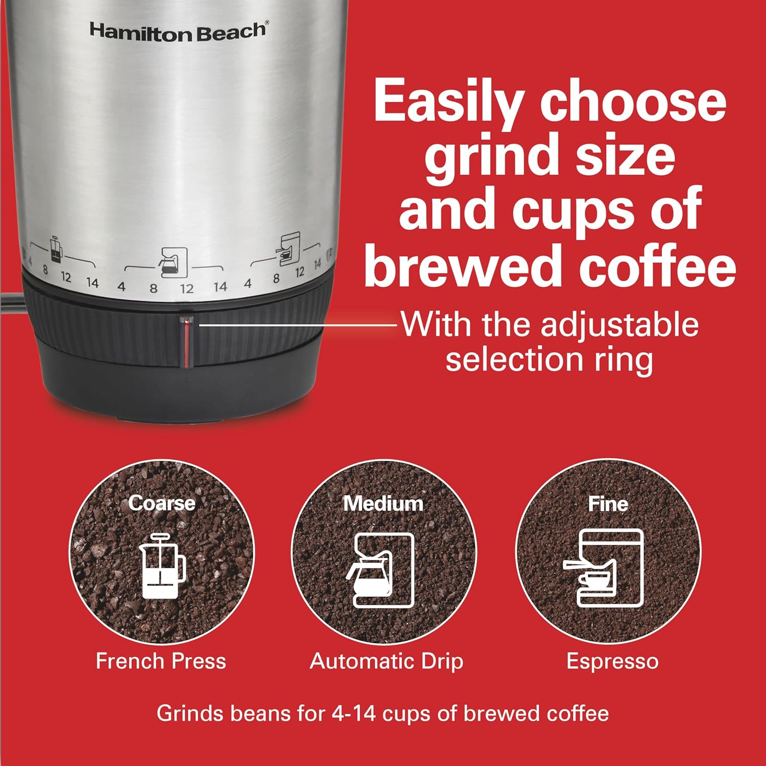 Hamilton Beach Custom Grind Electric Coffee Grinder for 4-14 Cups, One-Press Hand-Free Operation with Auto Shutoff, Removable Grinding Bowl For Easy Pour and Clean, Stainless Steel (80406) - Image 2