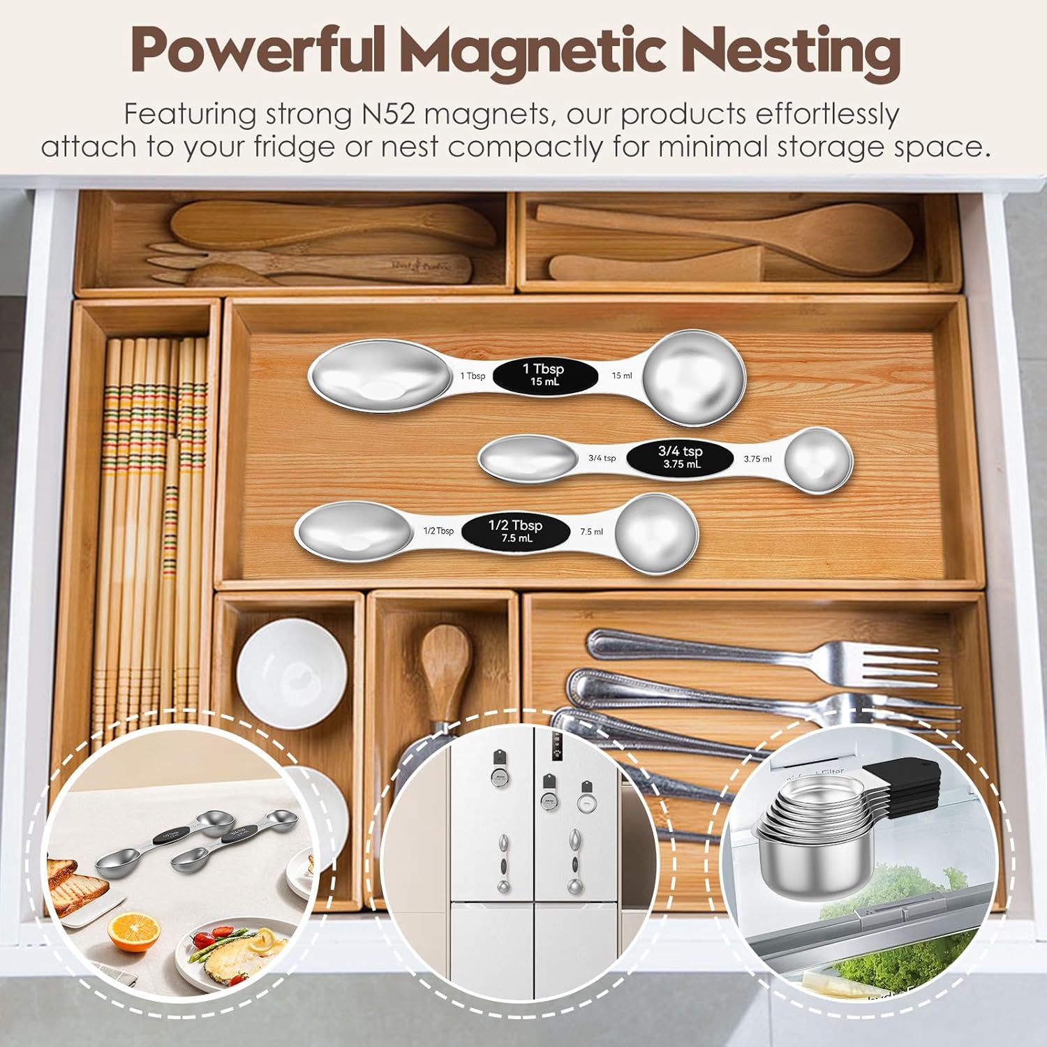 Magnetic Measuring Cups and Spoons Set – 304 Stainless Steel | Dual-sided Design | 15-Piece with Leveler | N52 Space-Saving Magnetic Nesting | Baking & Meal Prep | Kitchen Gift (Black) - Image 5