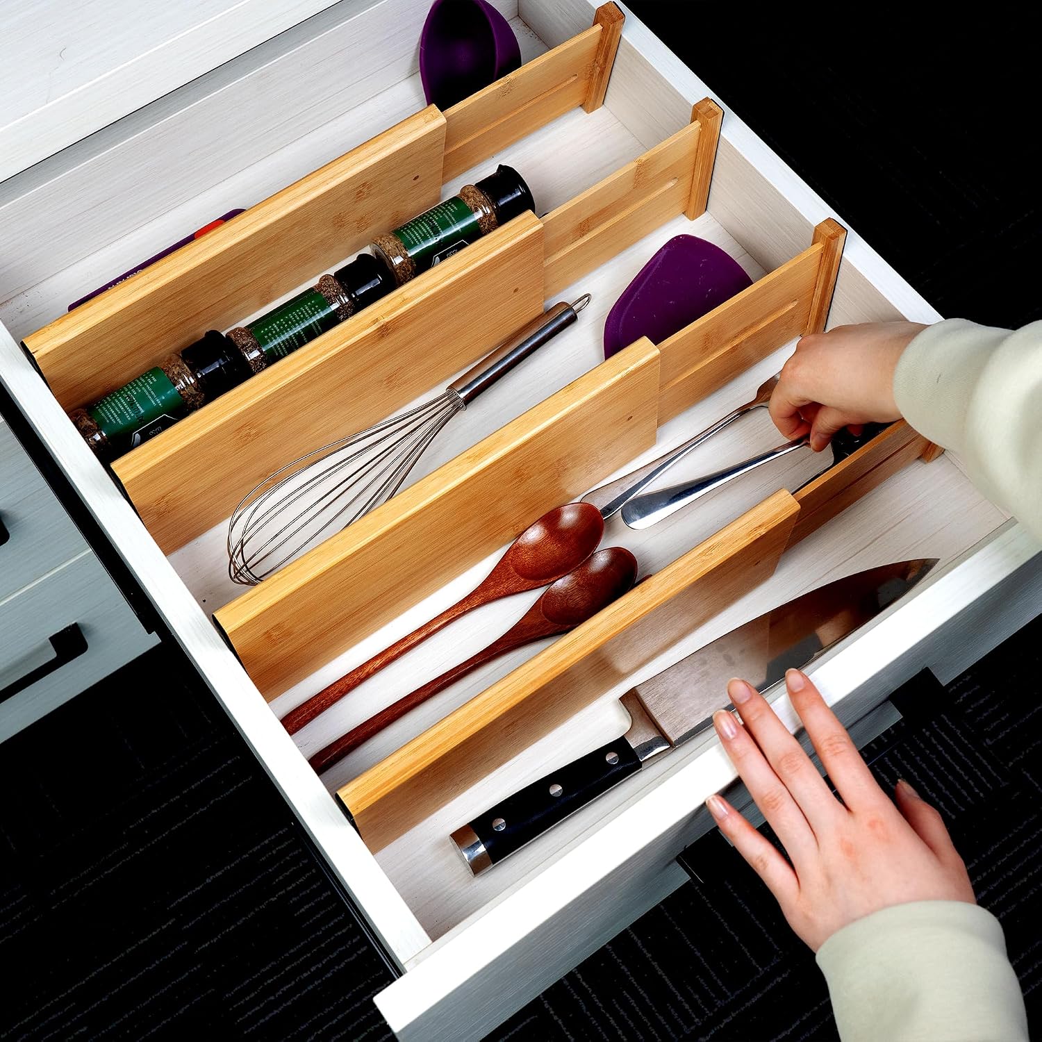 Utoplike Bamboo Dresser Drawer Dividers, 4'' High Adjustable Drawer Organizers for Clothing, Spring Loaded, Works in Kitchen, Bathroom, Bedroom, Drawer, Desk, 4 pcs - Image 5
