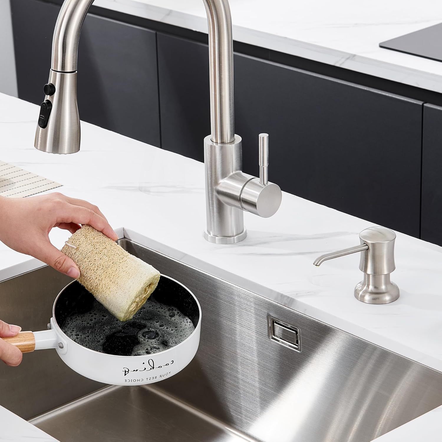 Soap Dispenser for Kitchen Sink Brushed Nickel, Built-in and Refill-from-Top Design with Liquid Hand & Dish Soap Bottle - Image 8