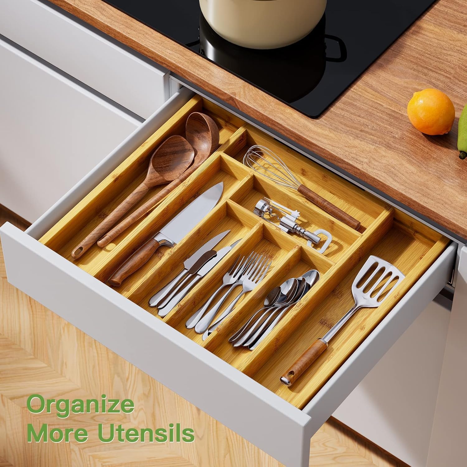 Pipishell Bamboo Expandable Silverware Drawer Organizer, Adjustable Kitchen Utensil Tray for Forks, Spoons and Knives, Wood Storage Cutlery Holder for Bedroom and Living Room - Image 4