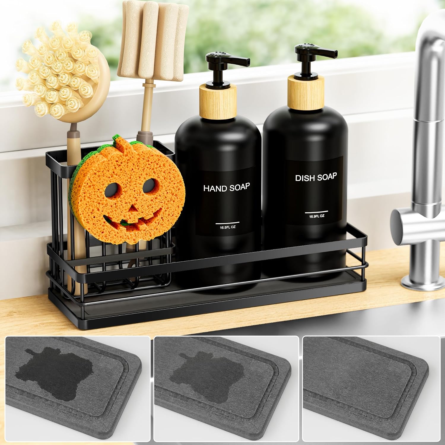 Moforoco Kitchen Dish Soap Dispenser Set, 16OZ Glass Bottle, Hand and Dish Soap Dispenser Set, Instant Dry Tray, Brush Holder with Smiley Face Sponge Holder (Black Tray+Black Bottle+Labels) - Image 7