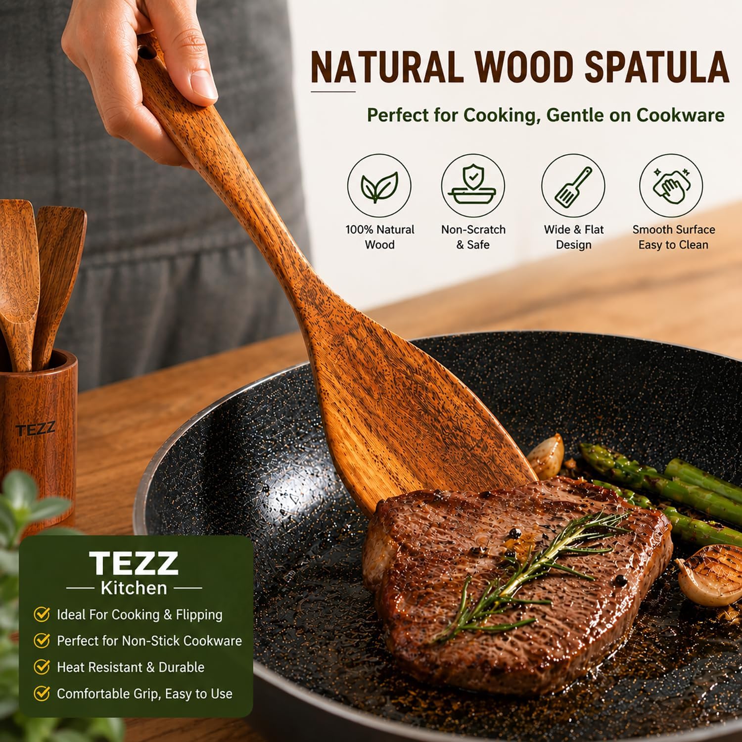Wooden Spatulas, 2 PCs Natural Acacia Wooden Cooking Utensils Set for Non-stick Pan Kitchen Tool, flipping and Wok Spatula, Wooden Spoons & Spurtle for Cooking - Image 2