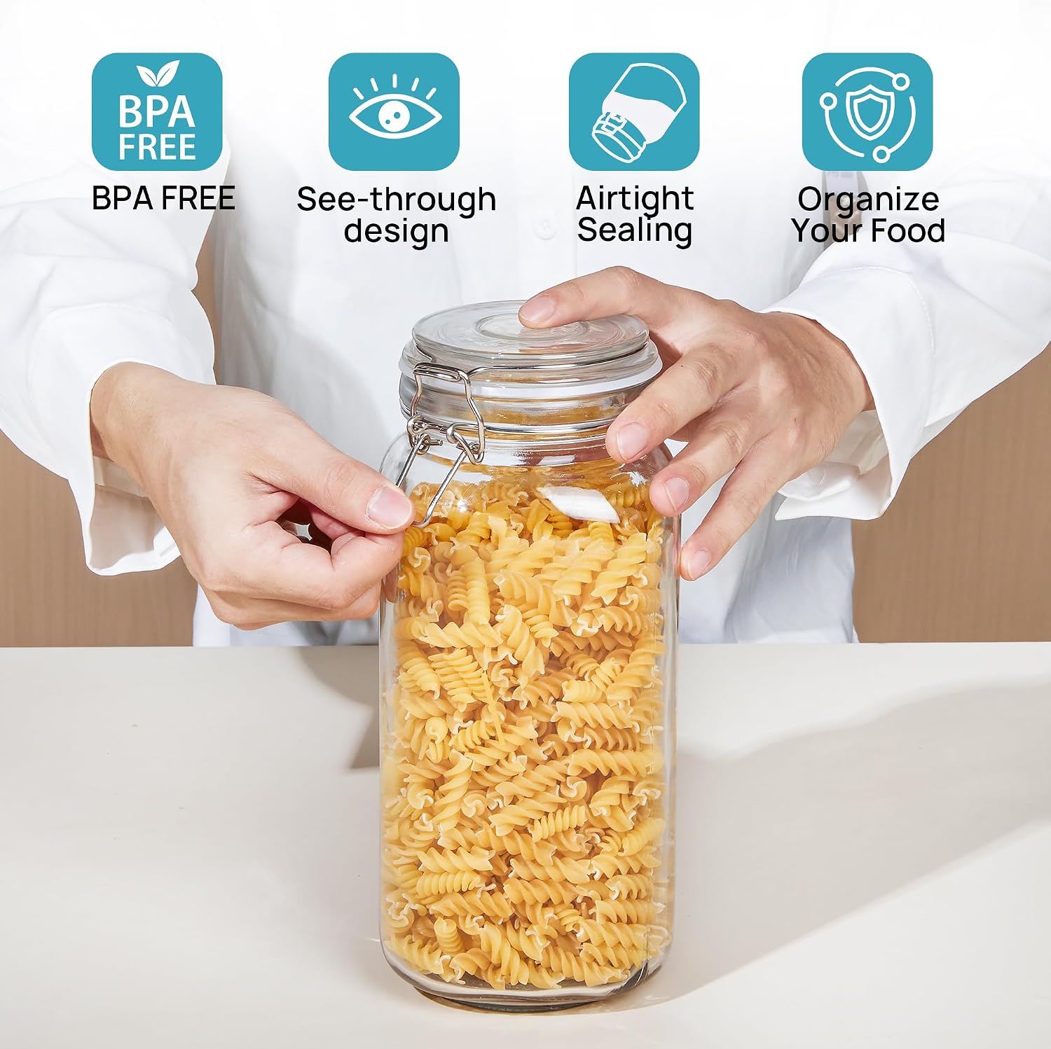 Vtopmart 78oz Glass Food Storage Jars with Airtight Clamp Lids, 3 Pack Large Kitchen Canisters for Flour, Sugar, Cereal, Coffee, Pasta and Canning, Square Mason Jars with 8 Reusable Labels - Image 7